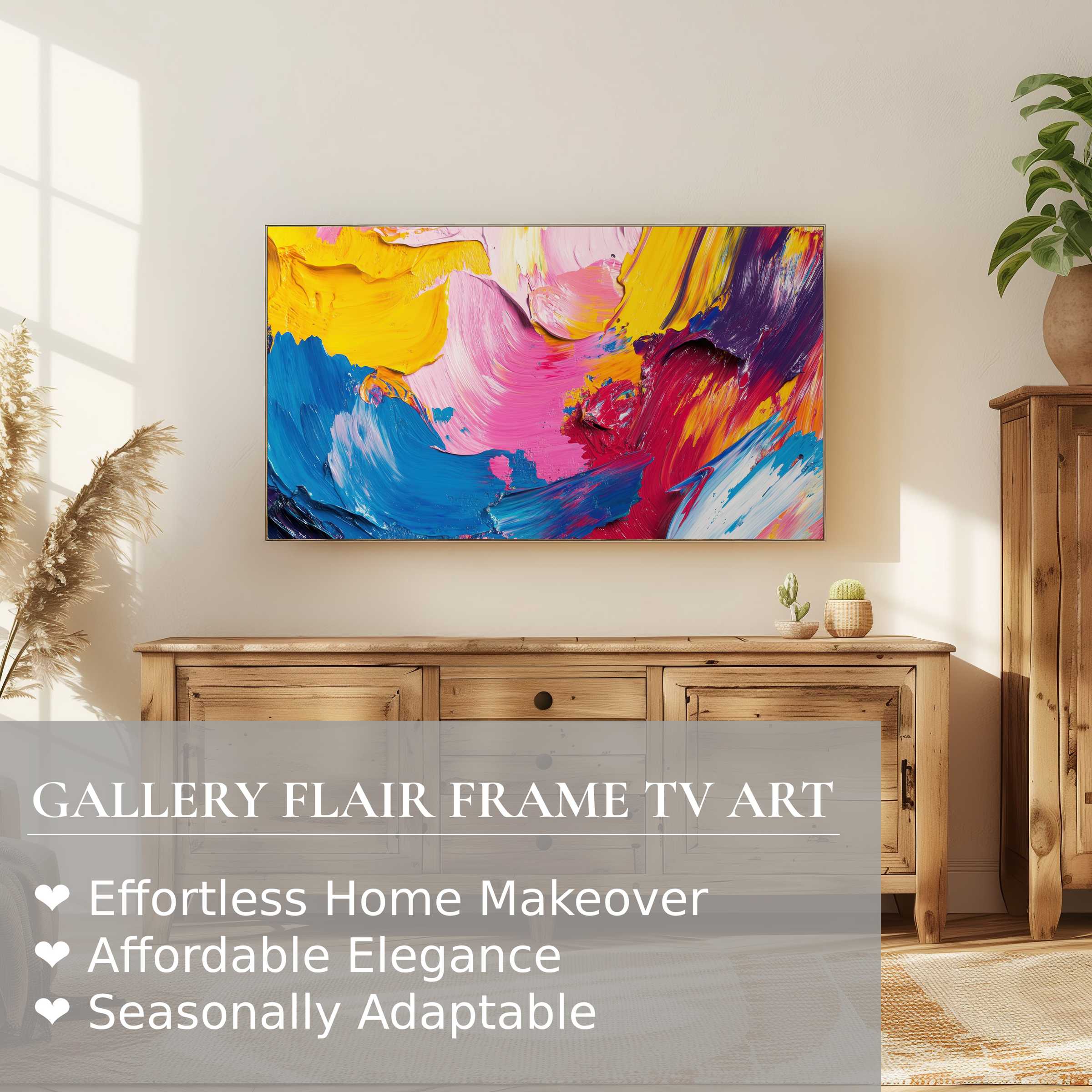 Samsung Frame TV displaying vibrant abstract digital artwork in a modern, sunlit living space with natural wood decor