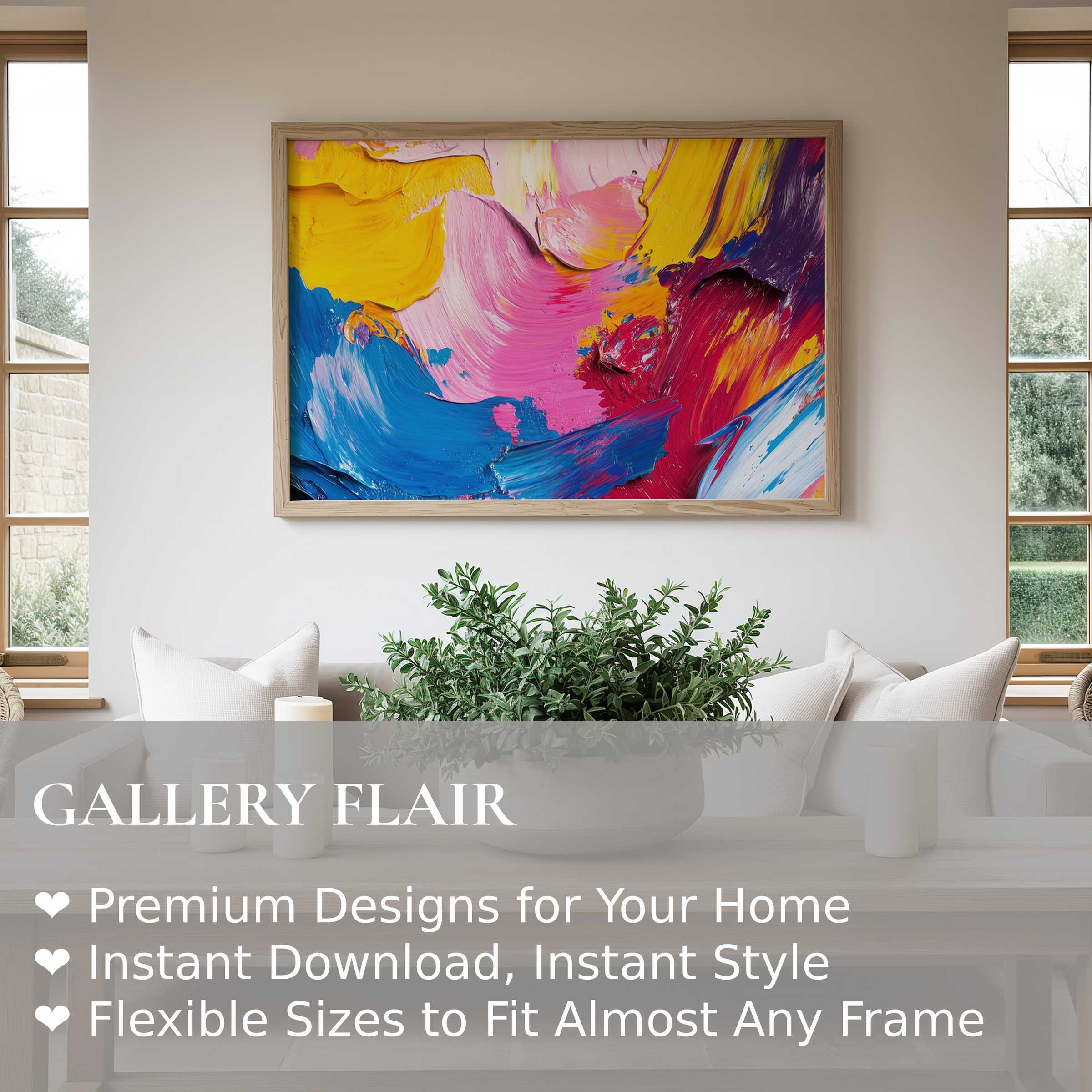 Vibrant abstract wall art print in bold yellows, pinks, and blues energizes a serene modern living room with dynamic color and texture