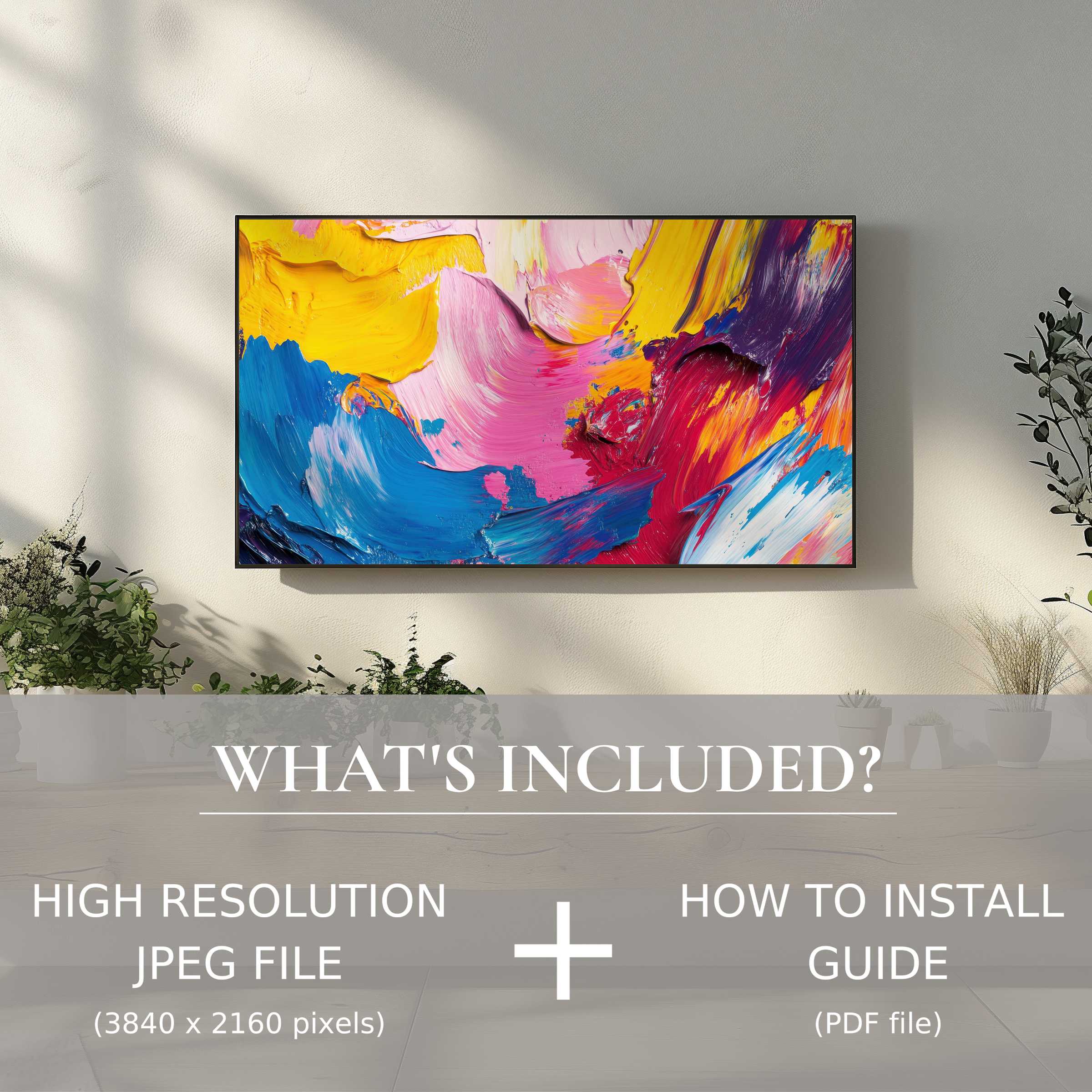 Stylish living space enhanced by vibrant abstract digital TV art download, easy to use with high-res JPEG and guide