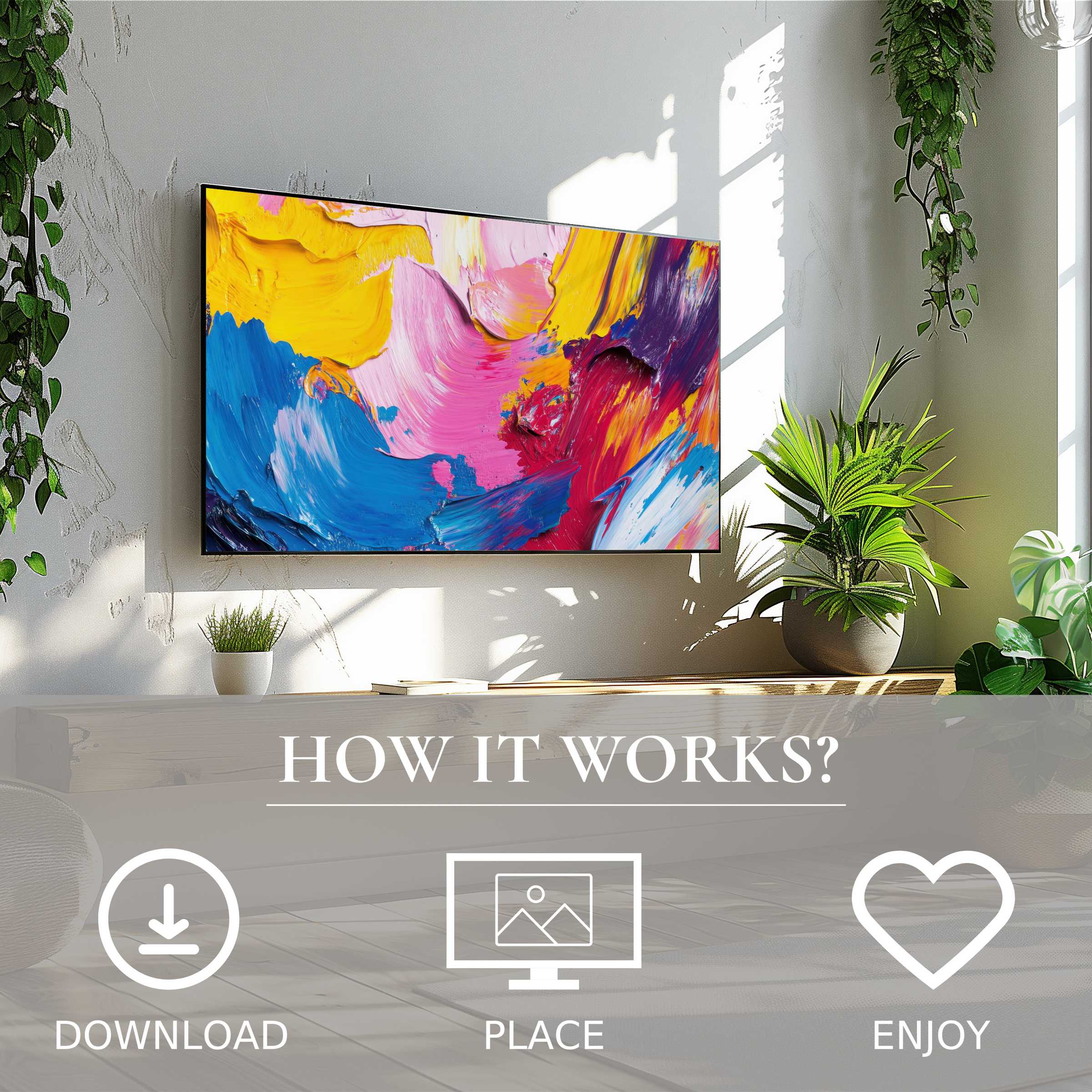 Abstract art for Samsung TV with vibrant color flow enriches your space; simple digital download for modern decor ease