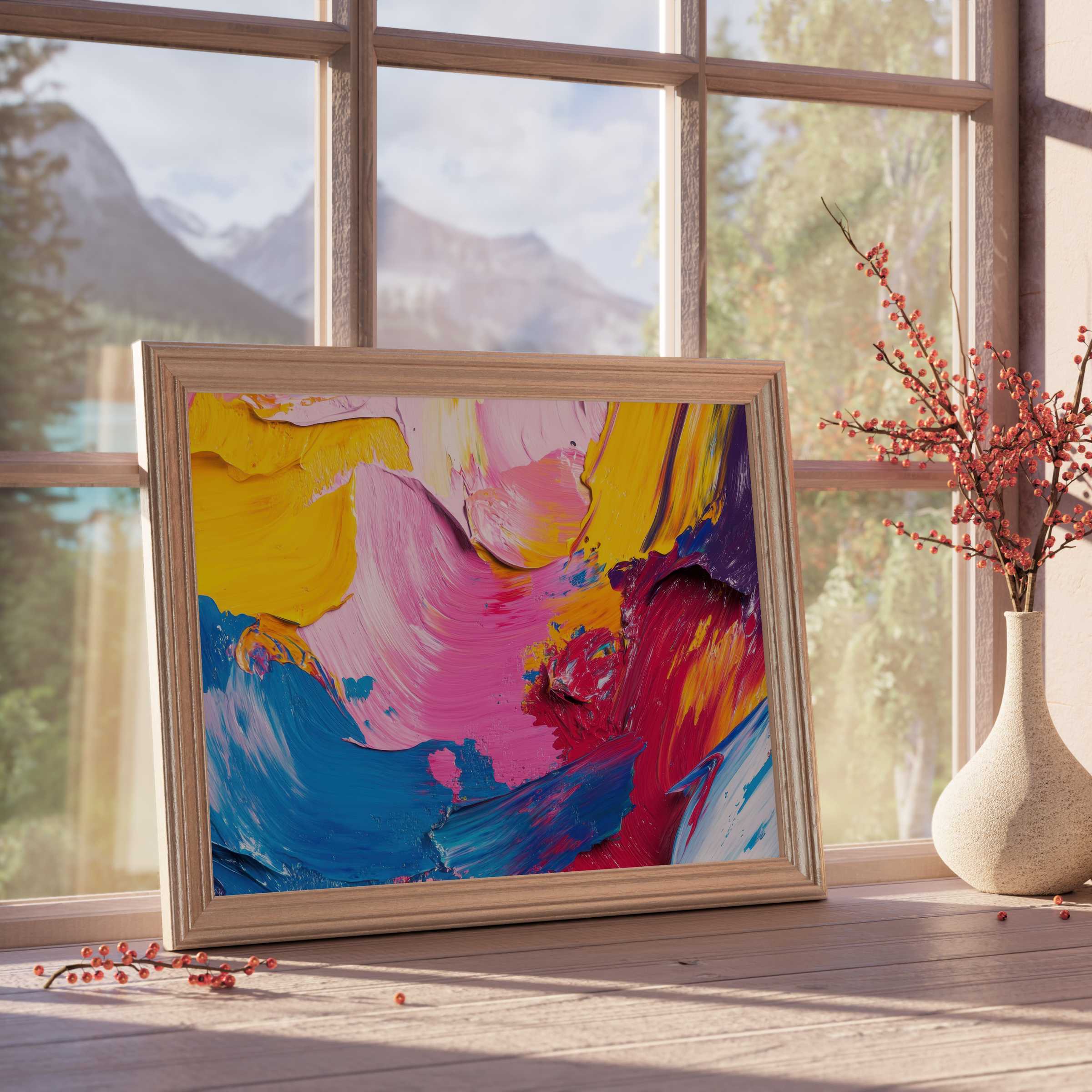 Vibrant abstract downloadable art ignites contemporary interiors with bold strokes of cerulean, magenta, and gold-perfect for curated, tranquil spaces
