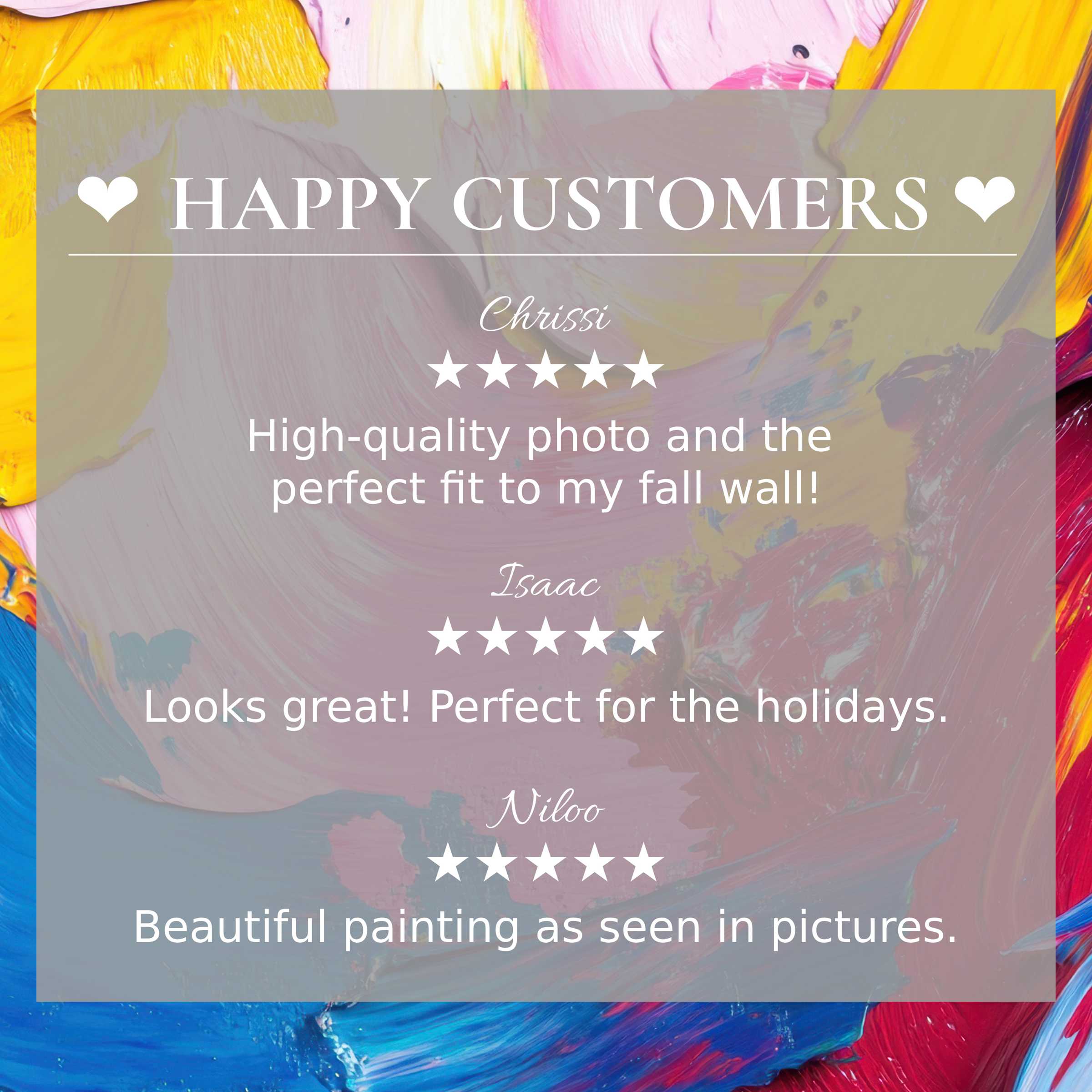 Abstract art for Frame TV with vibrant sunset hues, showcasing happy customer reviews and elegant, trustworthy design