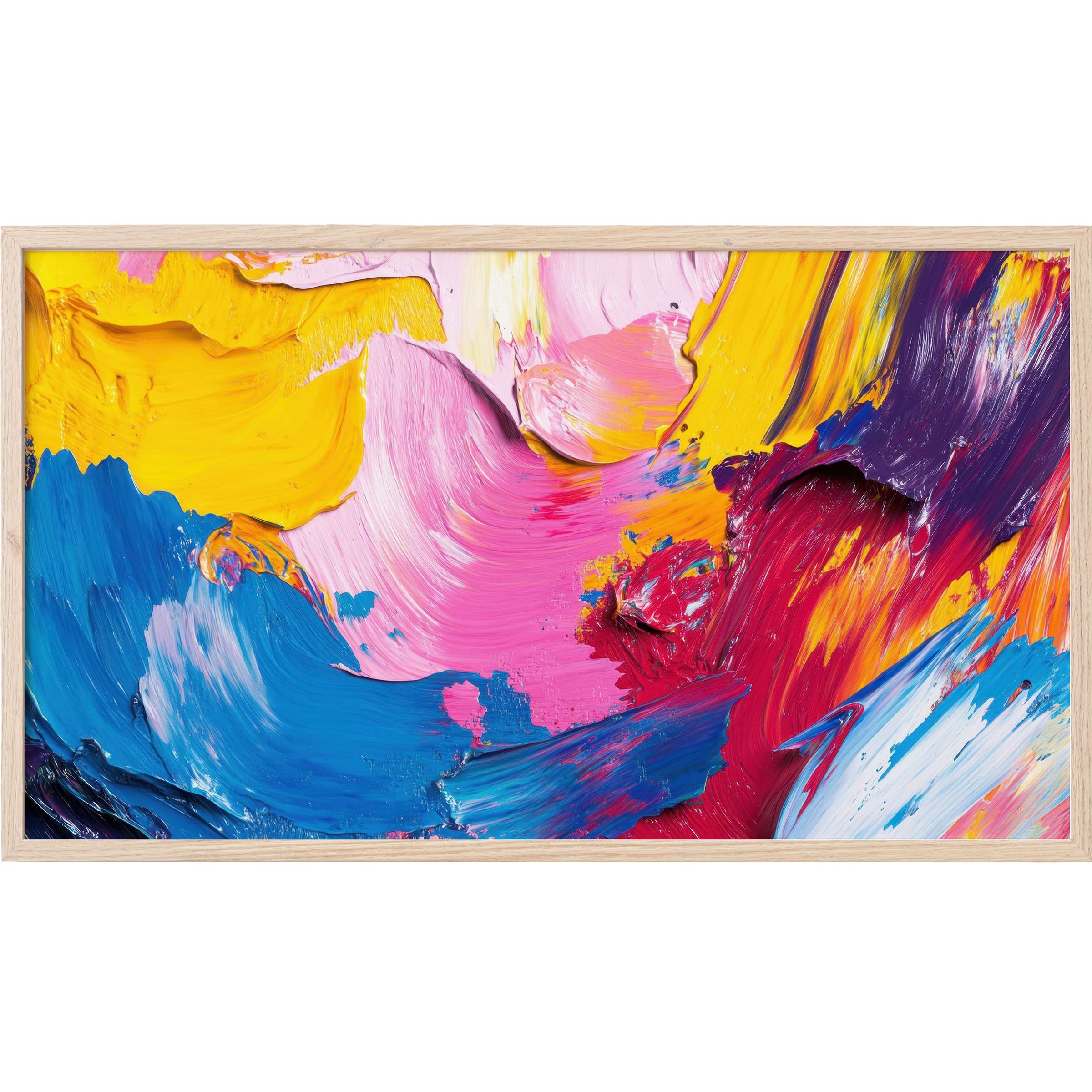 Vibrant brushstrokes of yellow, pink, blue, and purple create dynamic abstract Frame TV Art with modern, textured elegance