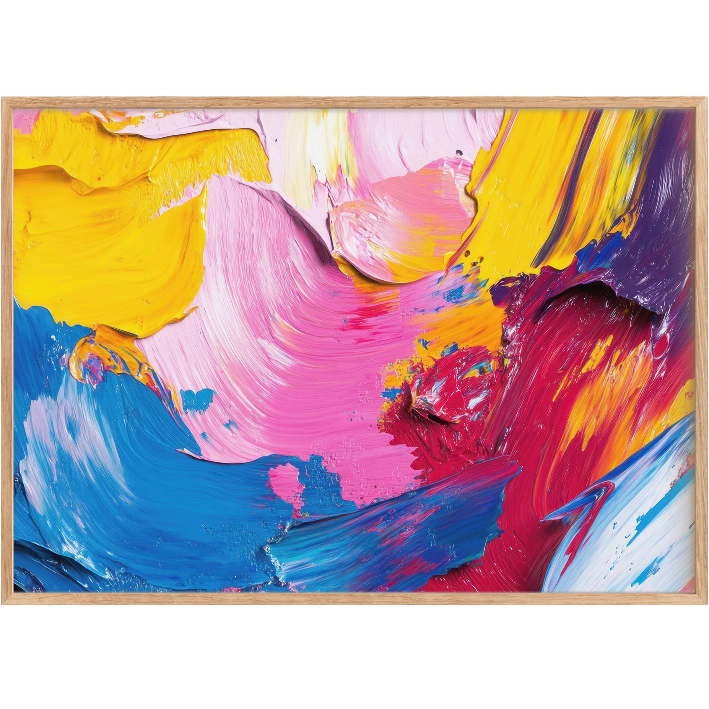 Vibrant abstract printable wall art blending bold yellows, pinks, and blues creates an energetic, uplifting ambiance for modern interiors