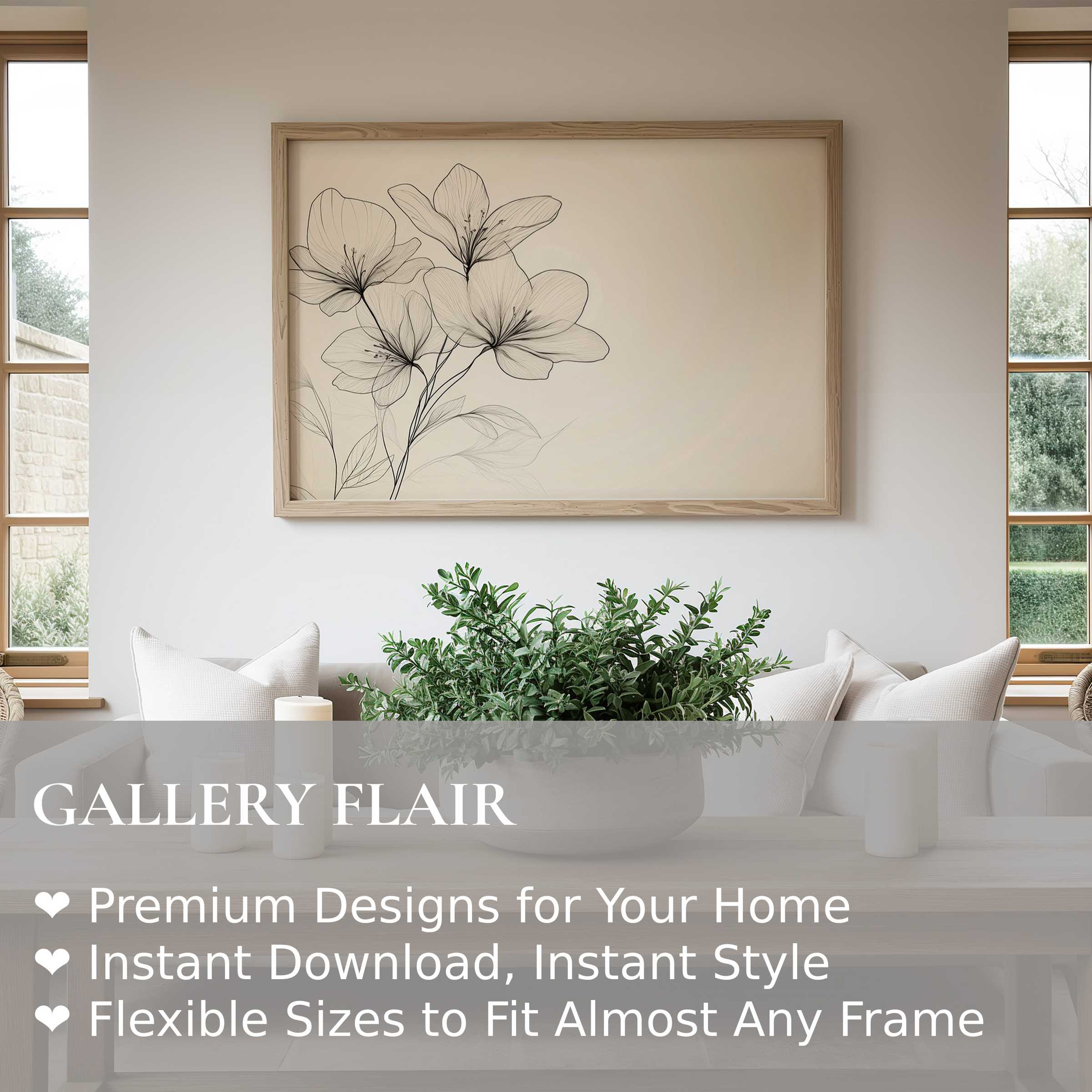 Elegant floral wall art print with delicate linework in a serene, modern living room, enhancing minimalist and natural decor
