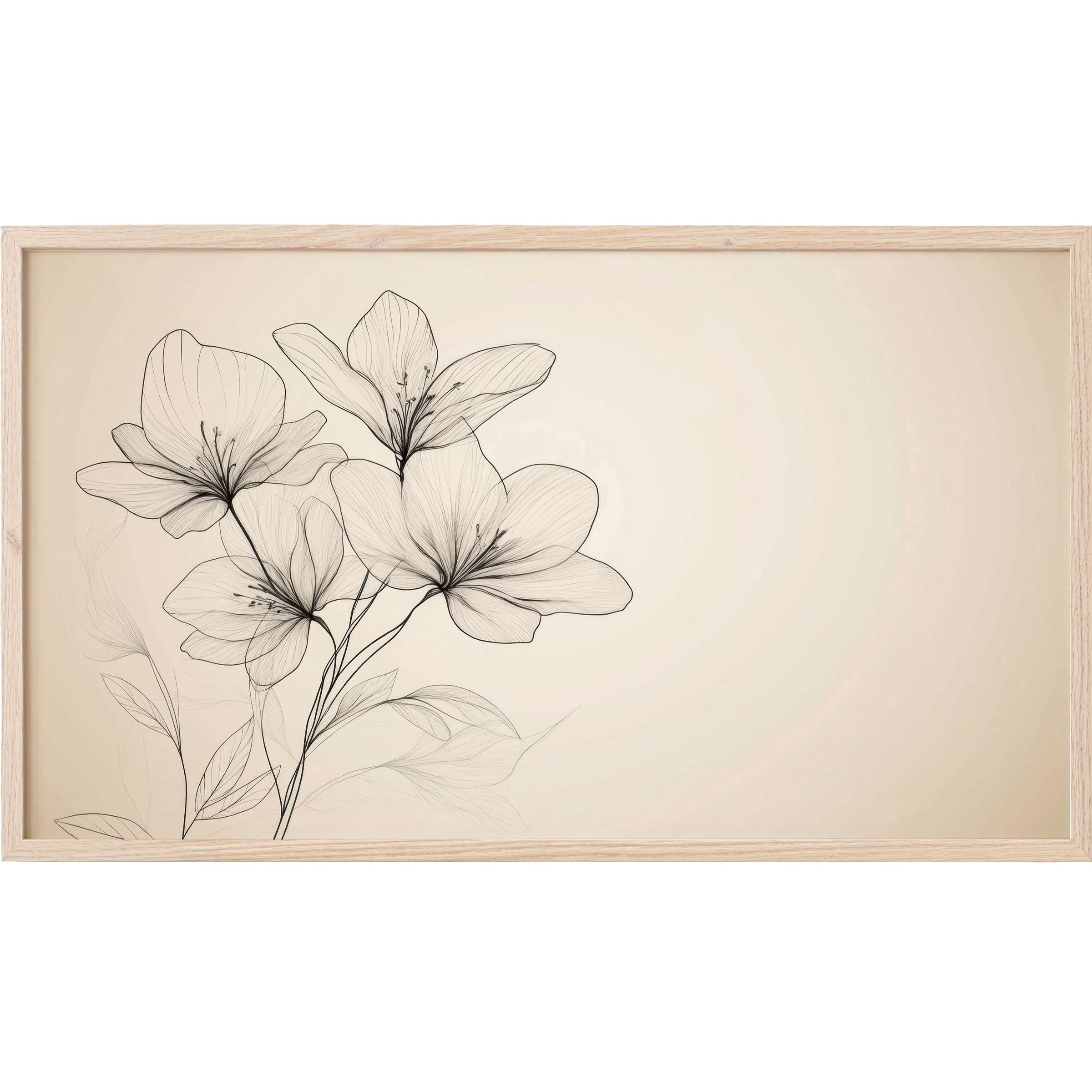 Floral Frame TV Art with delicate black line flowers on a soft beige background, elegant and modern decor