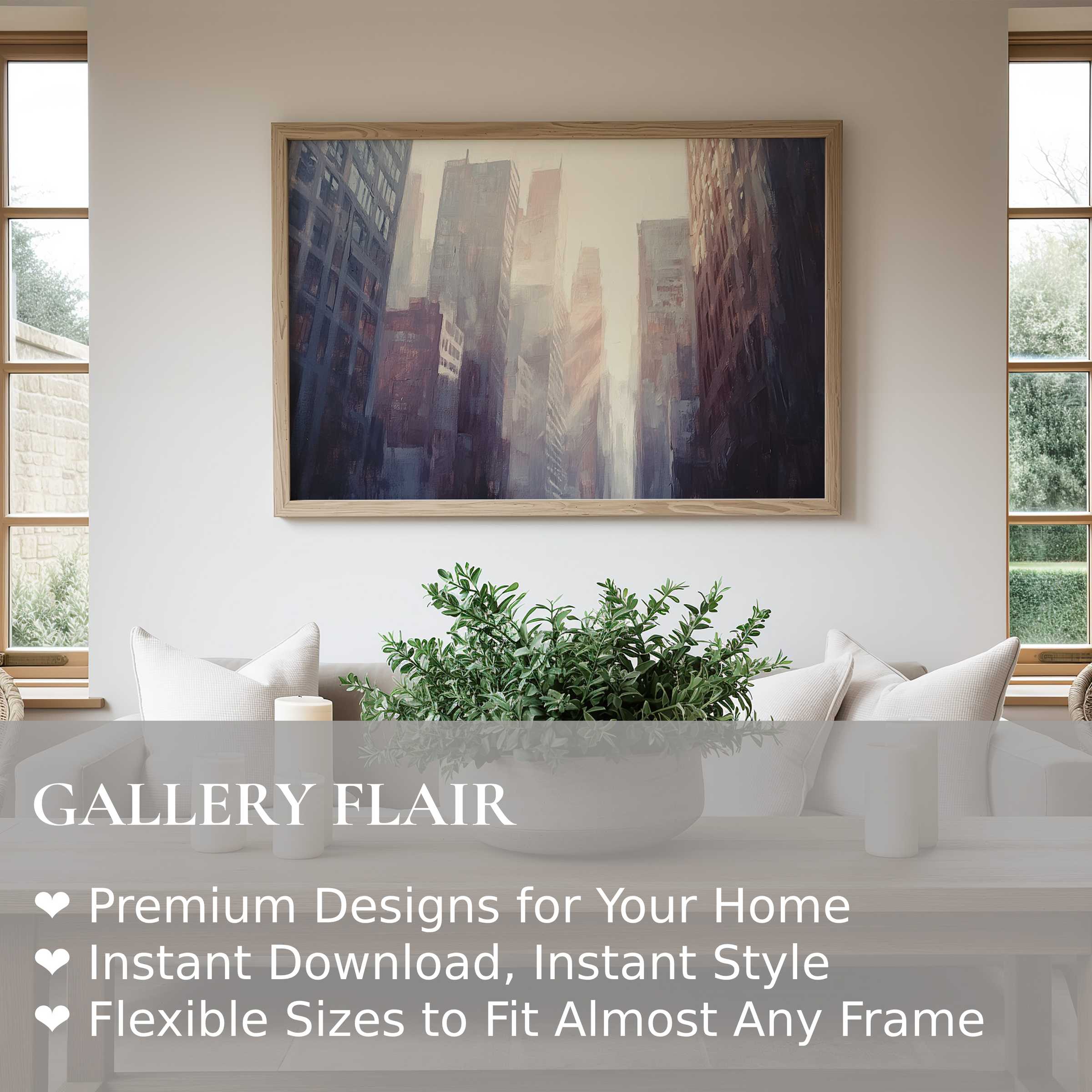 Urban art wall art print of a misty cityscape blending bold architecture with soft light, perfect for refined modern interiors