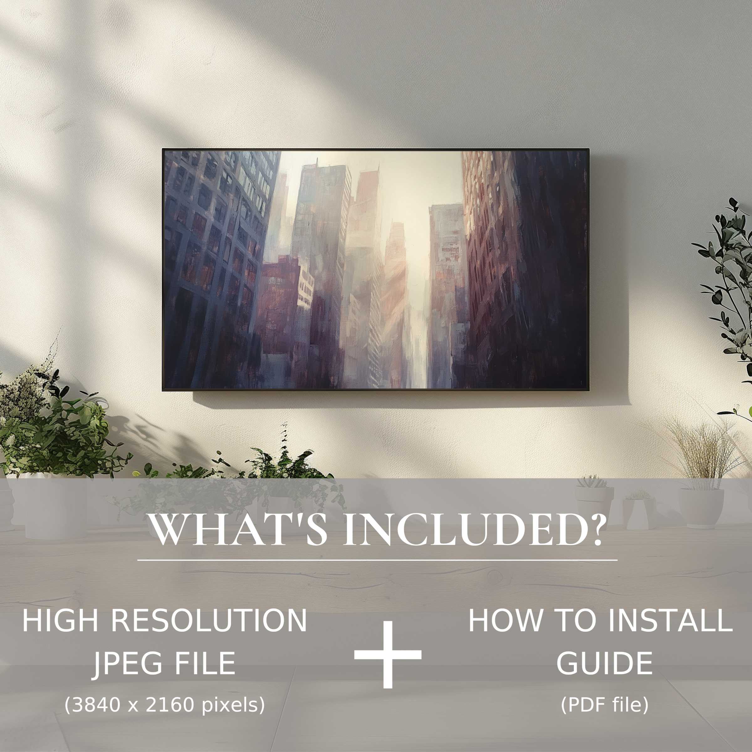 Elegant urban digital TV art download elevates modern spaces with easy digital use and soft cityscape ambiance