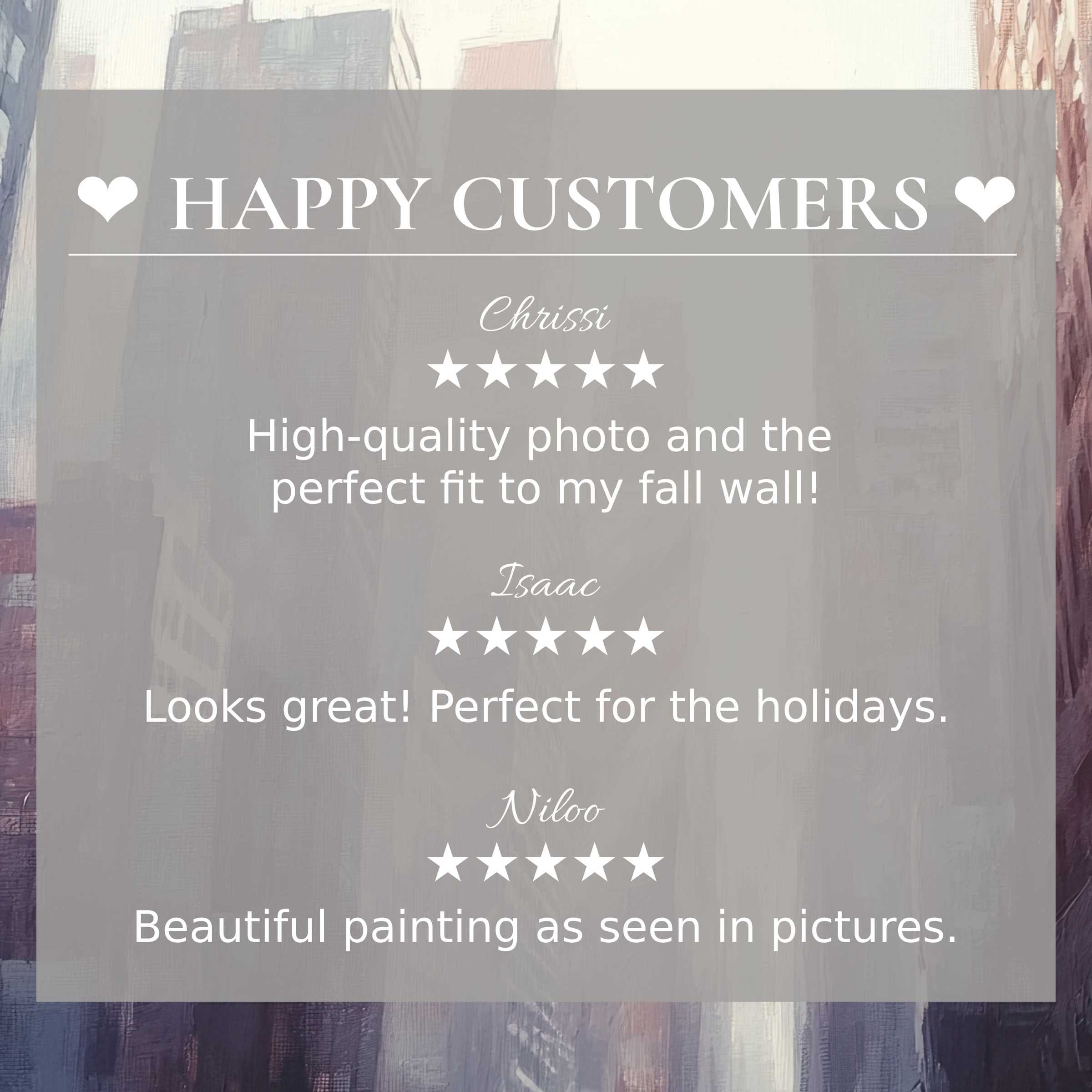 Urban art for Frame TV with abstract muted cityscape background, showcasing elegant design and happy customer reviews