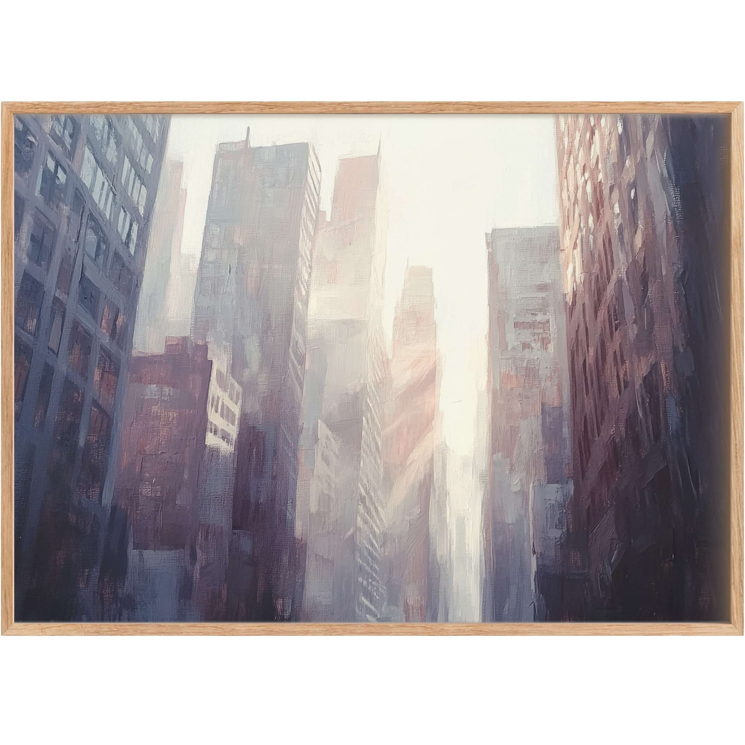 Elegant urban printable wall art bathed in soft lavender and muted grays, evoking a serene, contemplative cityscape glow