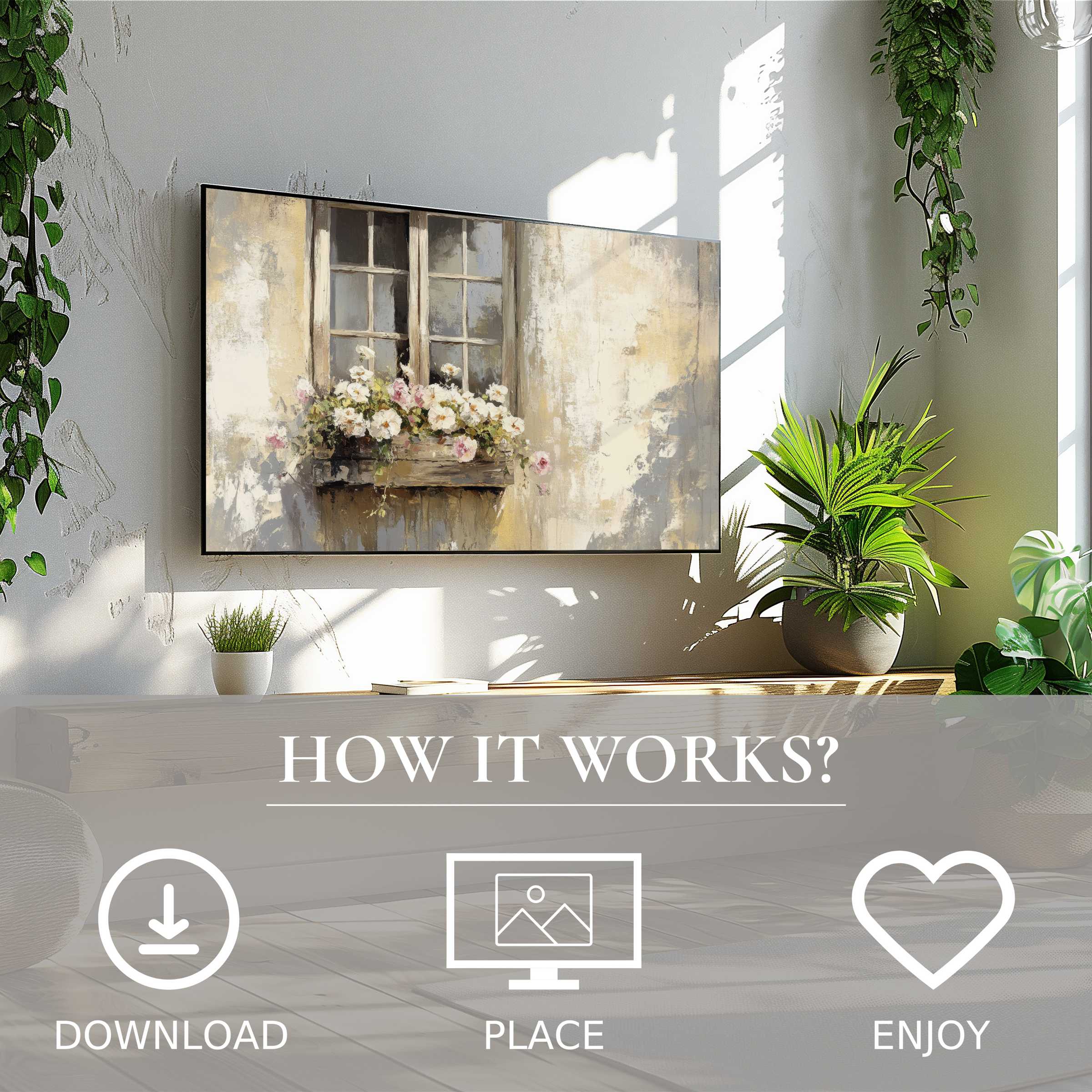 Farmhouse art for Samsung TV shows soft sunset tones; easy digital download enriches modern living spaces