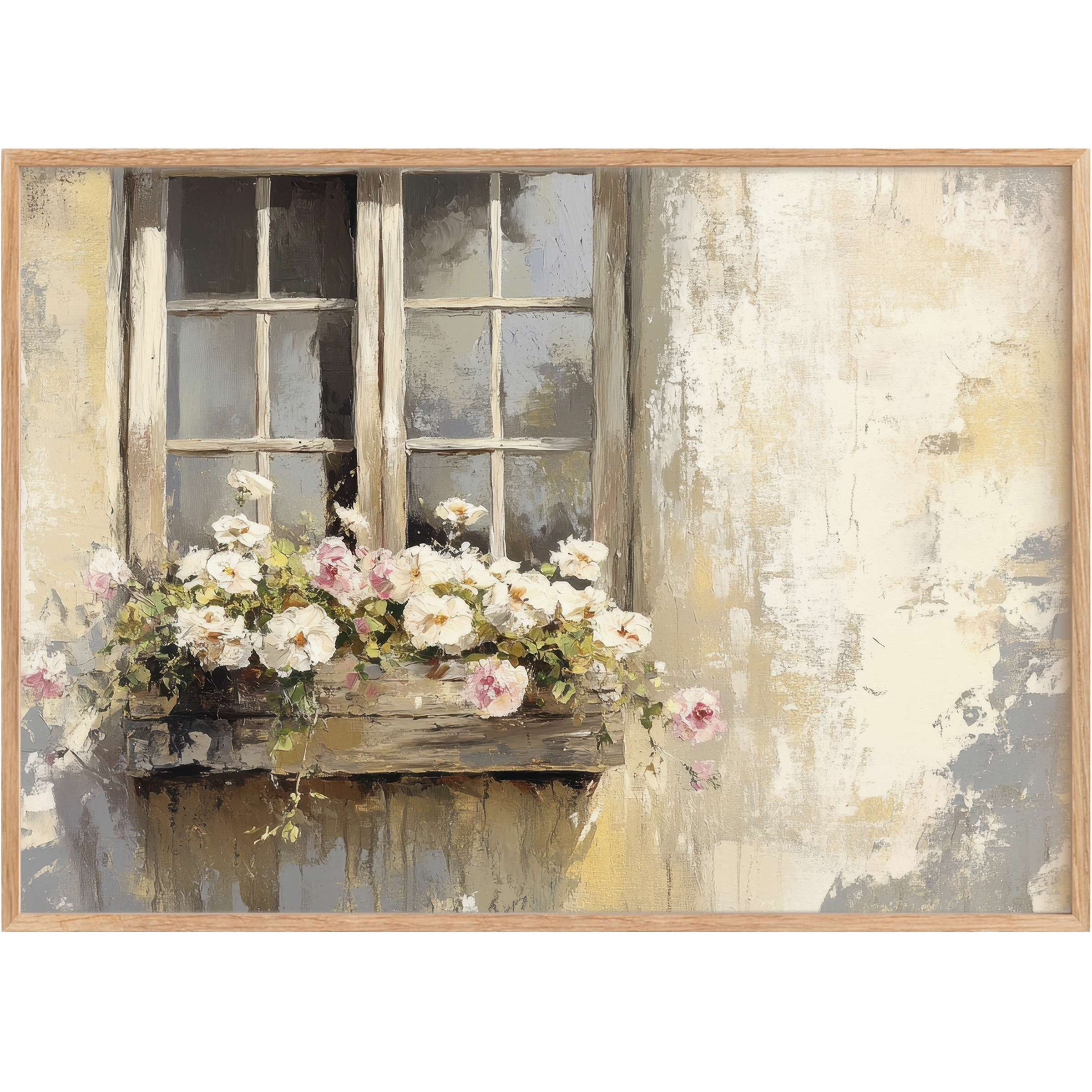 Soft pastel blooms in rustic window frame evoke a serene, inviting charm with warm neutrals-perfect farmhouse printable wall art