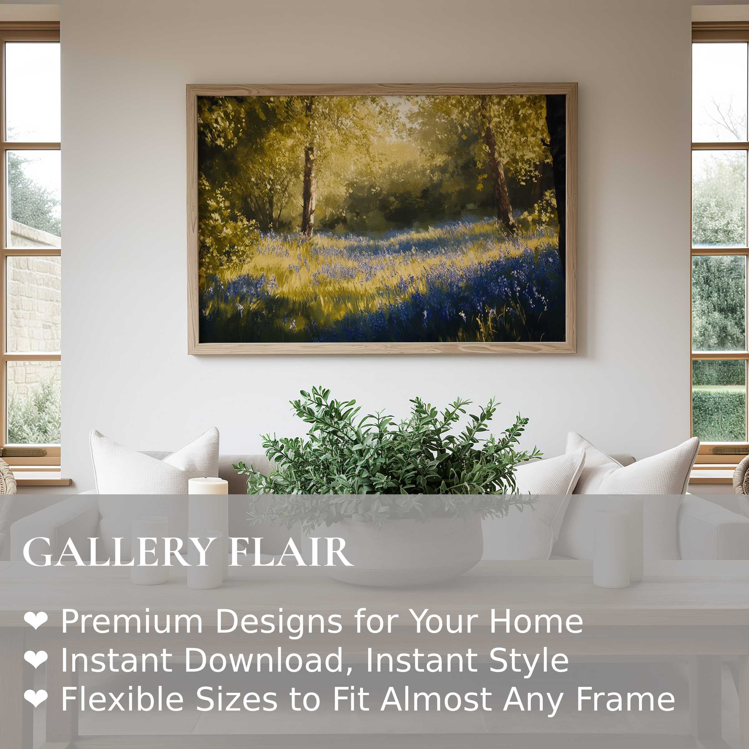 Spring wall art print featuring a radiant sunlit forest and blooming bluebells, enriching a modern minimalist living space with natural serenity and refined elegance