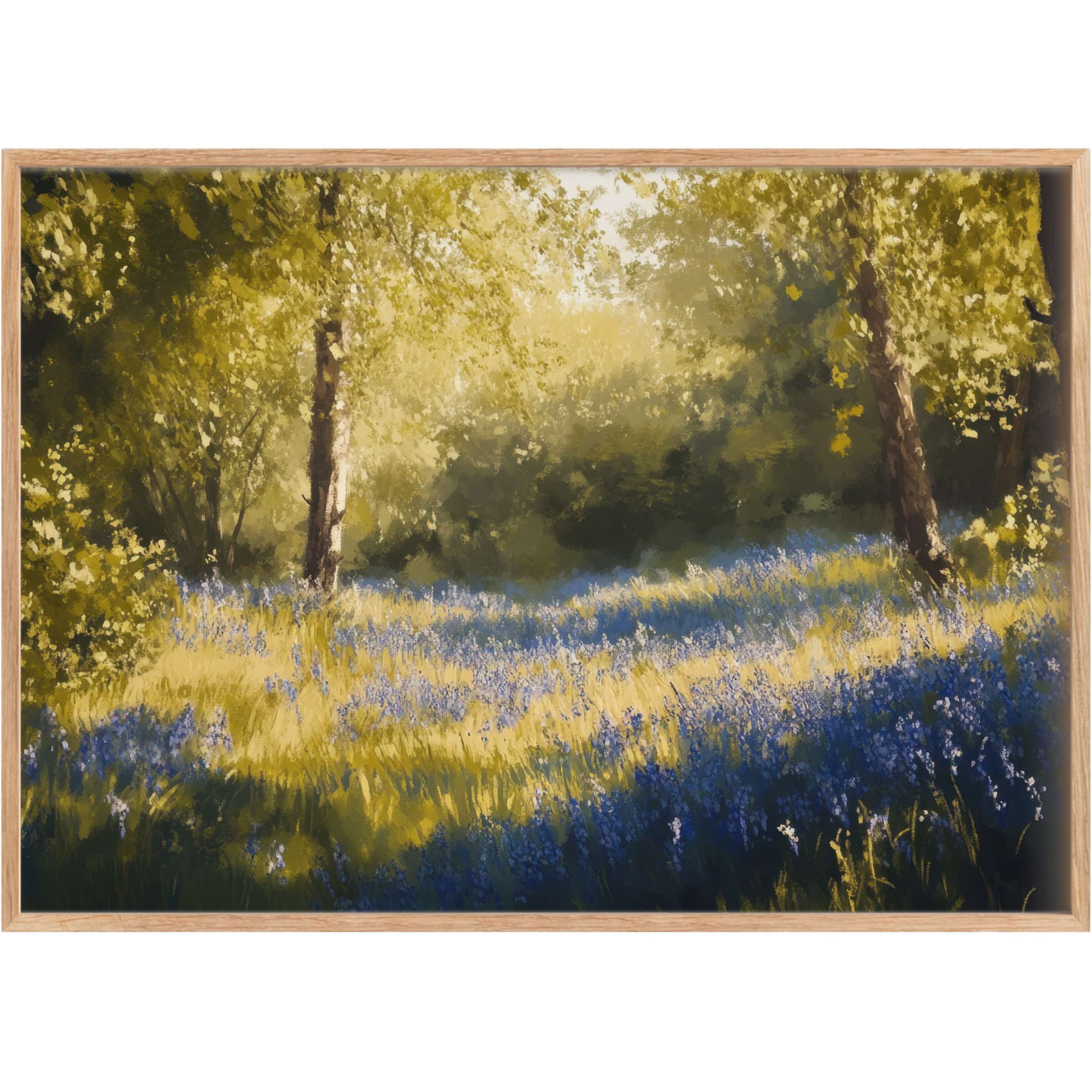 Spring printable wall art evokes serene woodland tranquility with sunlit gold and soft blue blooms, perfect for elevating elegant spaces