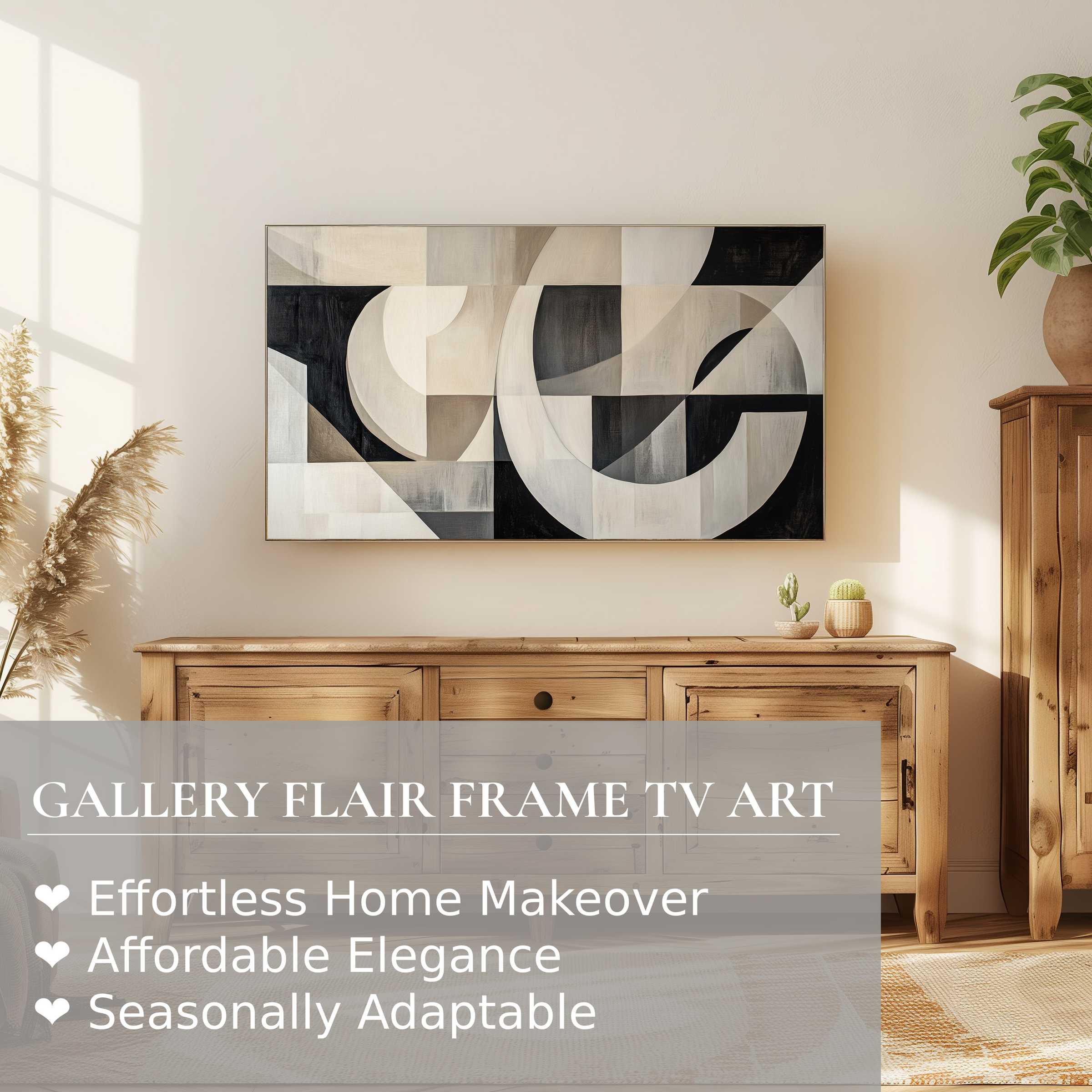 Samsung Frame TV displaying neutral digital artwork with abstract geometric forms in a warm, modern living space