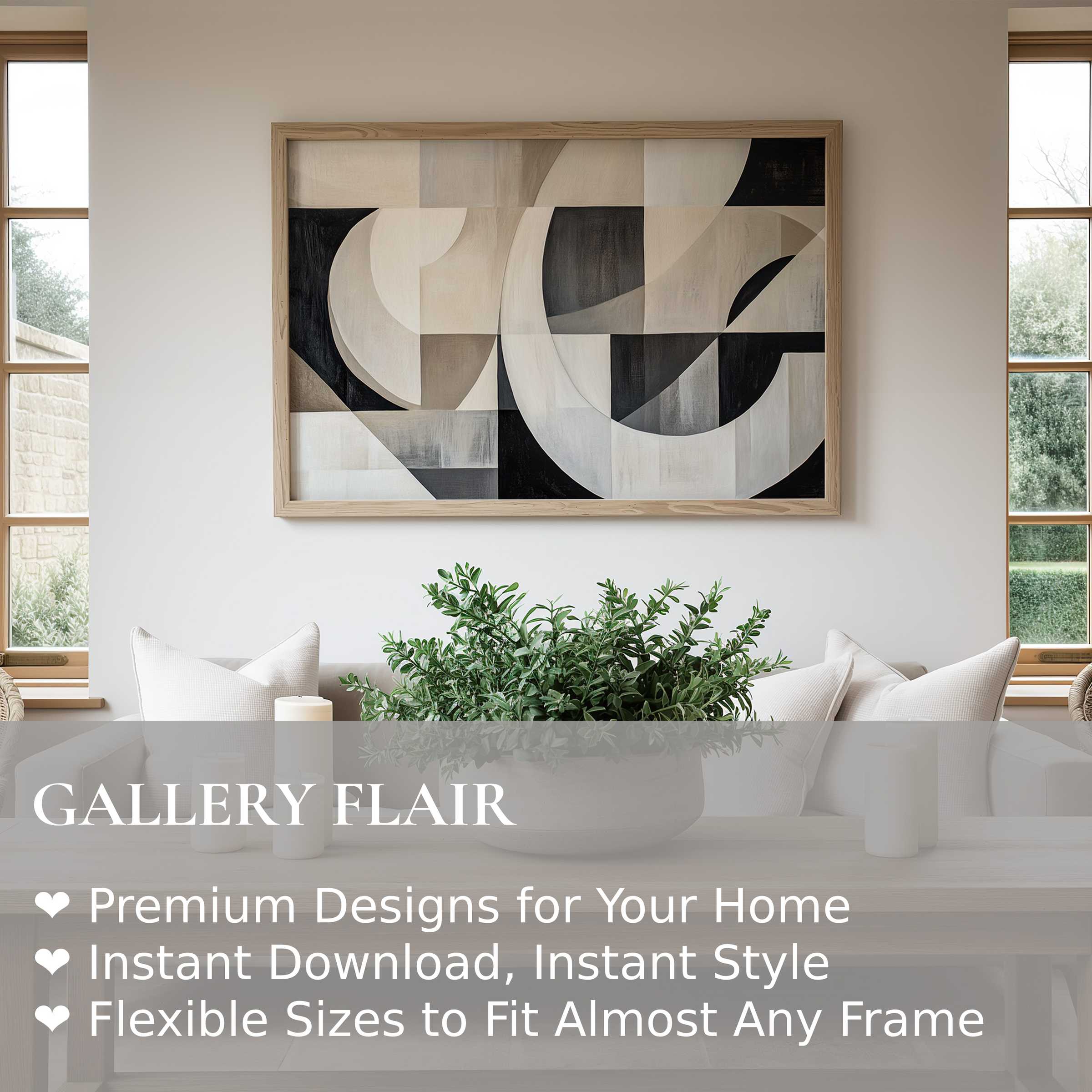 Neutral wall art print with abstract geometric shapes in soft beige and black tones enhances modern minimalist living space with calm sophistication