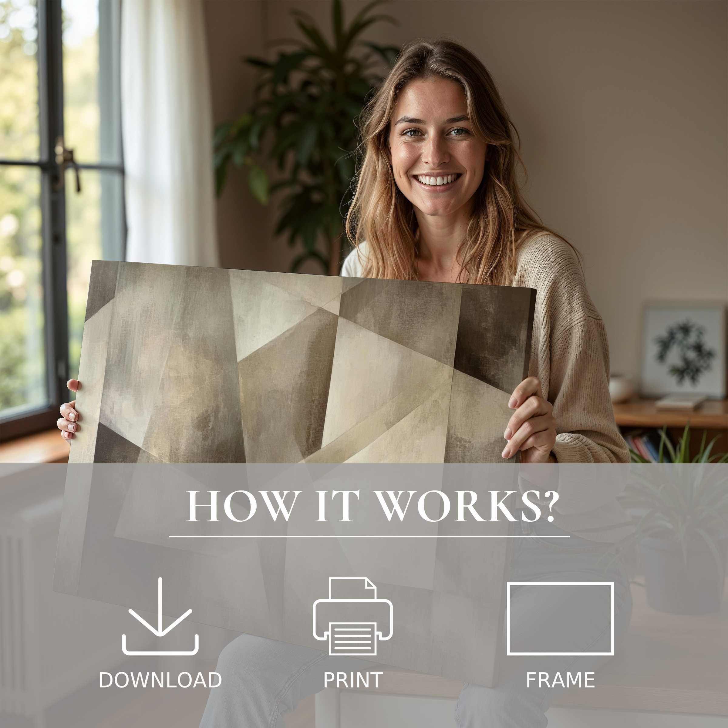 A radiant moment of connection and joy as a woman embraces a minimalist digital art print, its soft earth tones enriching a serene, modern home