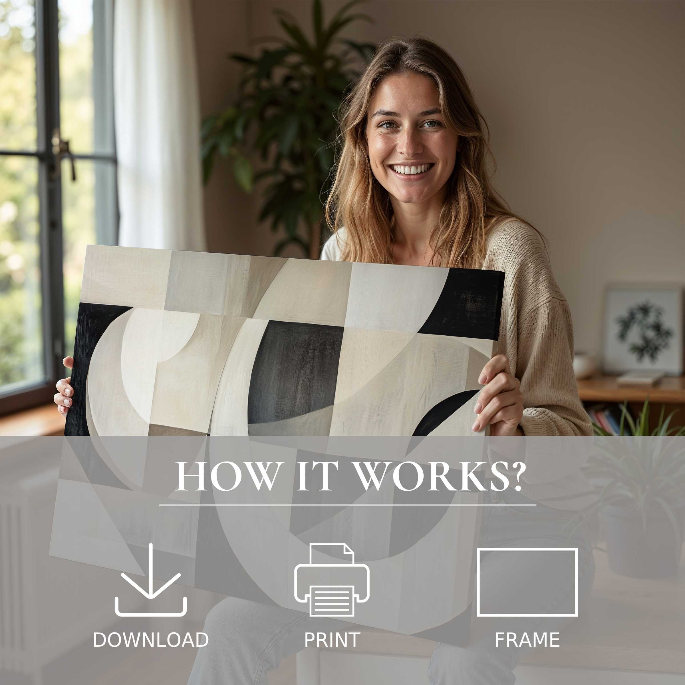 A serene moment of connection and joy captured through a neutral digital art print, bringing effortless elegance and warmth to refined living spaces