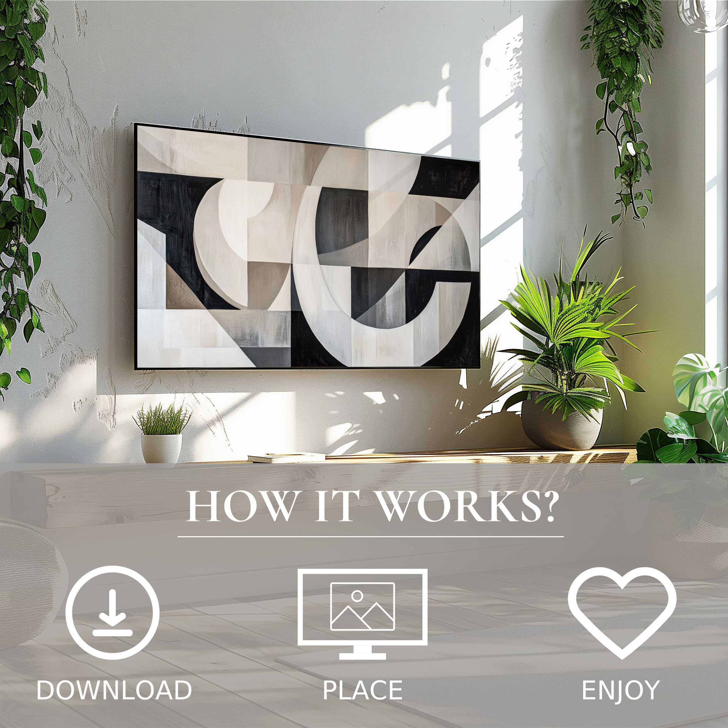 Neutral art for Samsung TV shows abstract beige and black shapes, easy digital download enriches modern living spaces