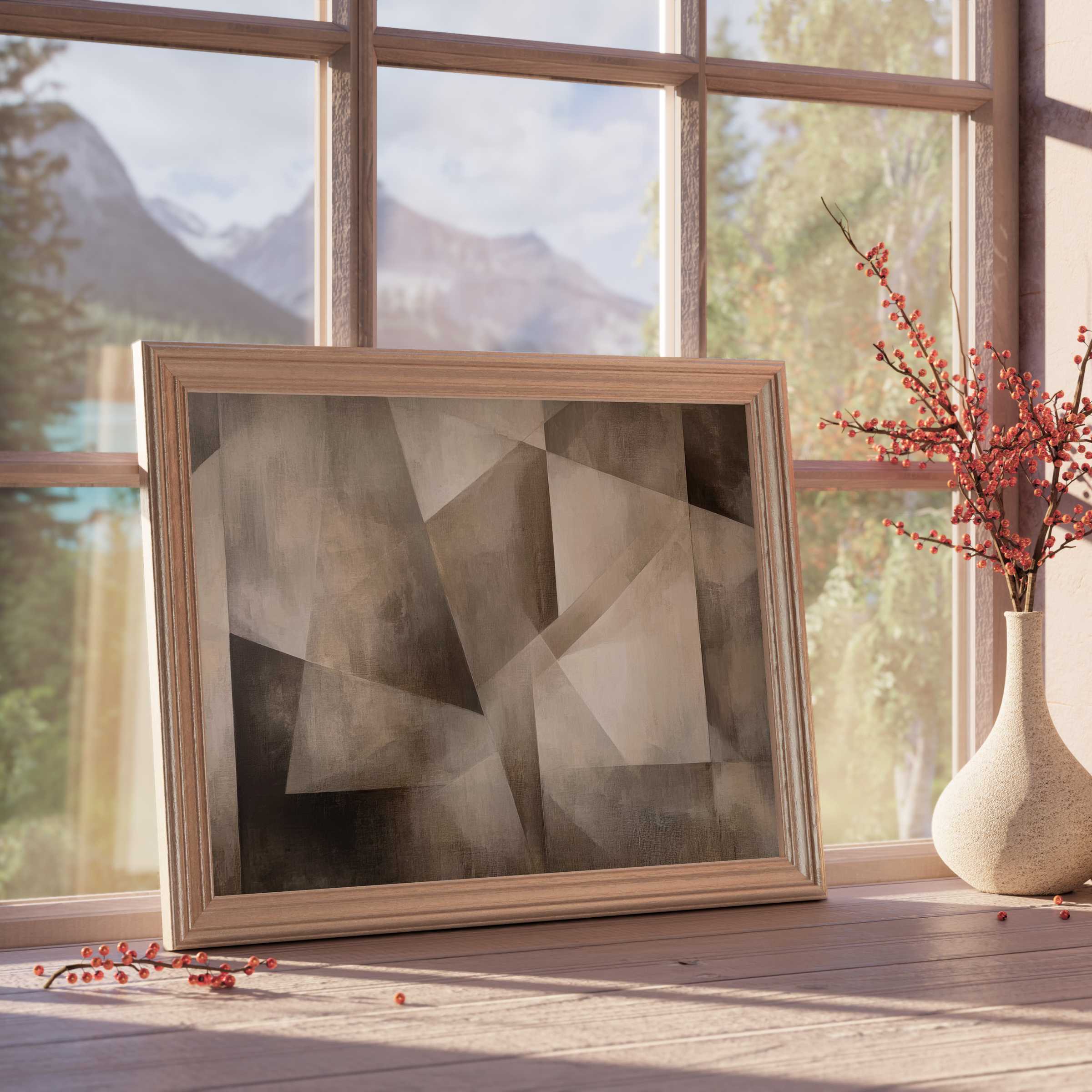 Minimalist downloadable art in soft neutrals, enriching tranquil, design-forward interiors with elegant geometric harmony and serene sophistication