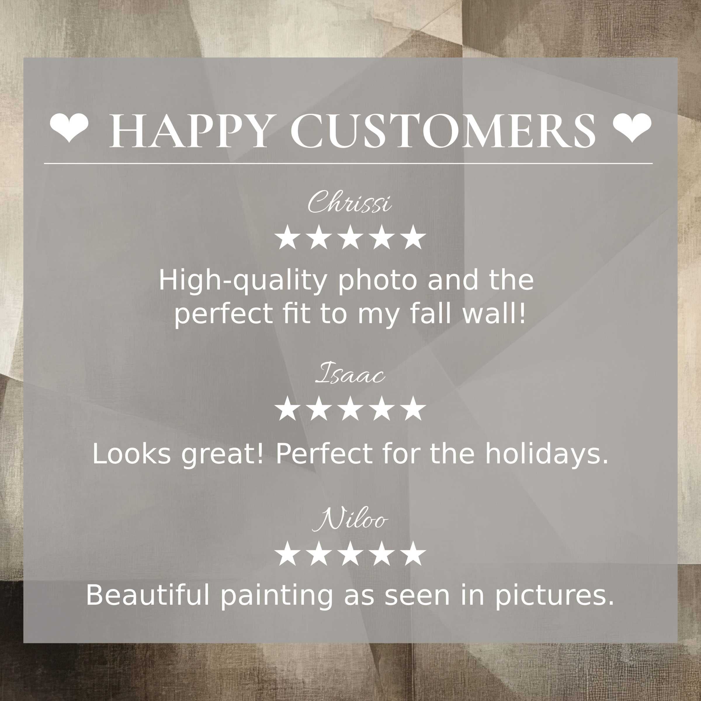 Minimalist art for Frame TV with abstract earth tones, highlighting happy customer reviews and elegant, trustworthy design