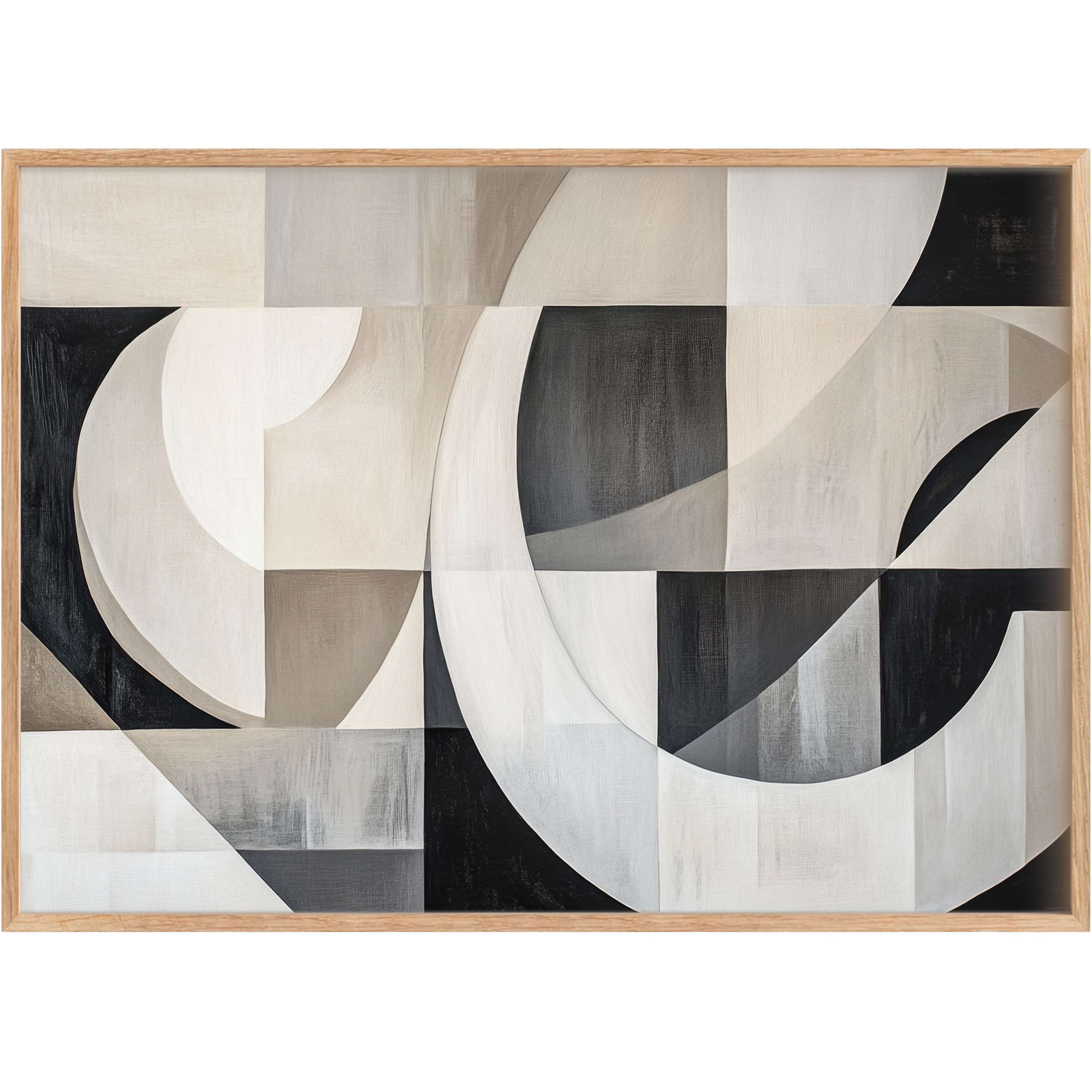 Neutral printable wall art featuring sweeping curves and geometric forms in soft taupe, black, and ivory, evoking a serene and sophisticated ambiance