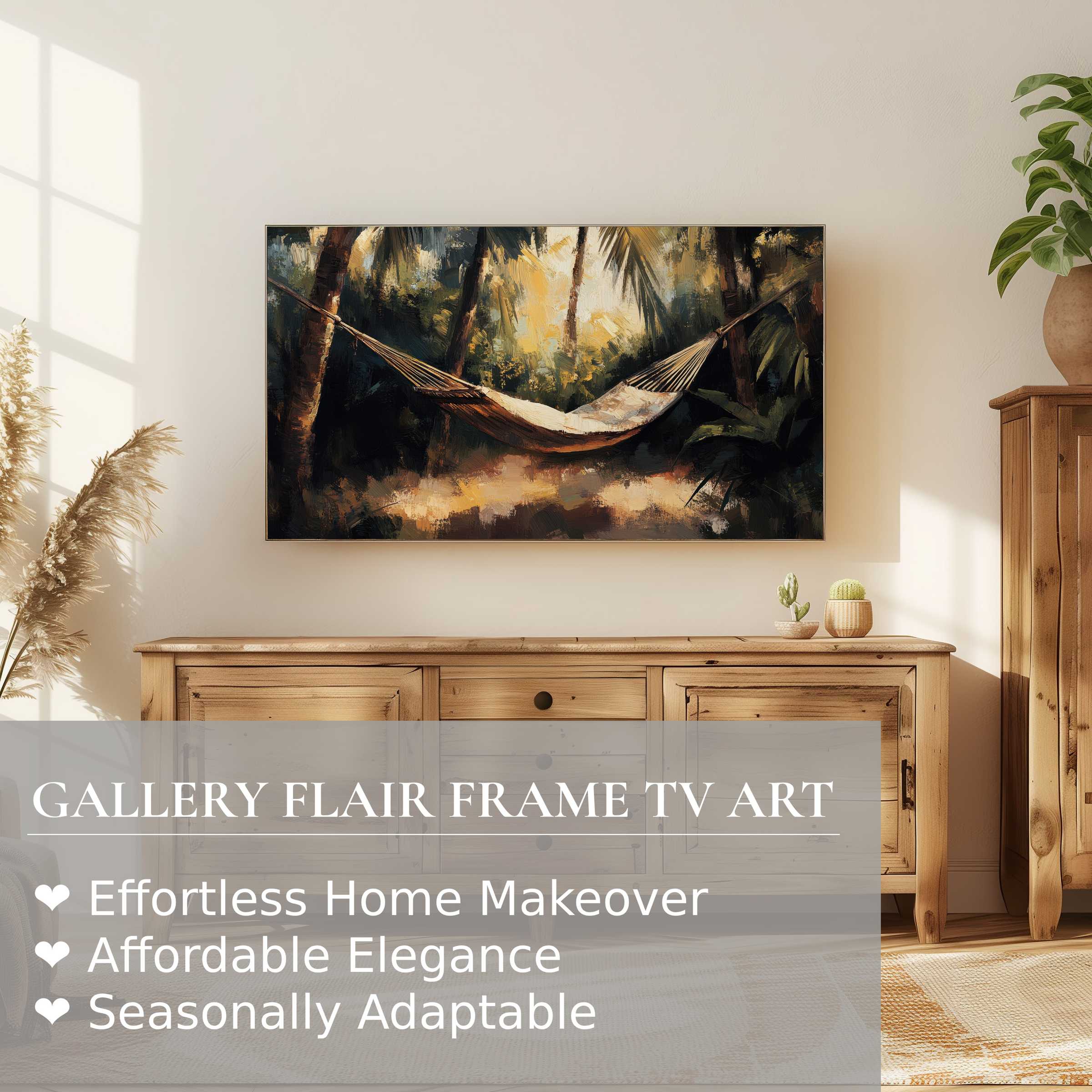 Samsung Frame TV showcasing moody beach digital artwork in a serene, sunlit modern living space