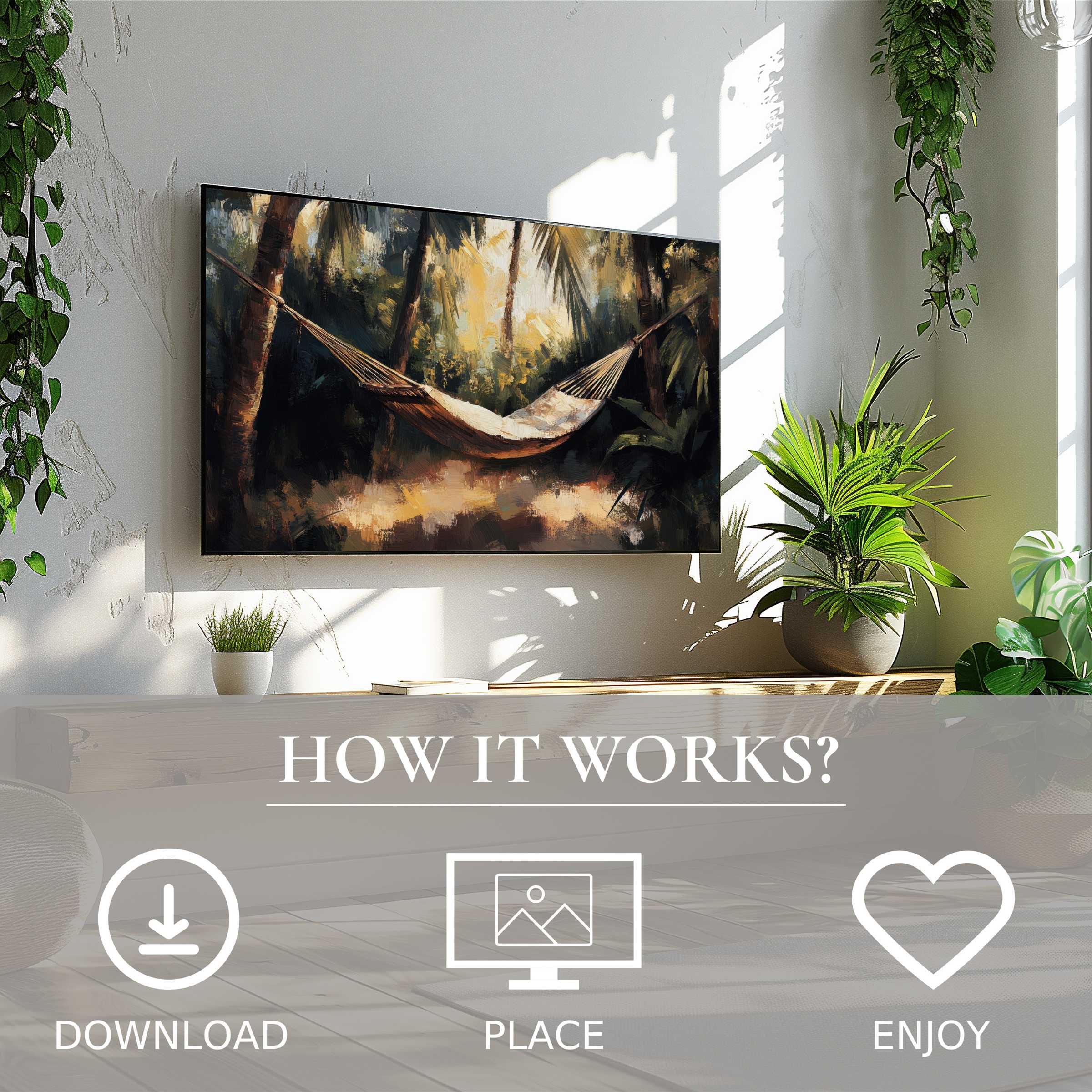 Modern living room with lush plants and beach art for Samsung TV; soft sunset tones enrich space via easy digital download
