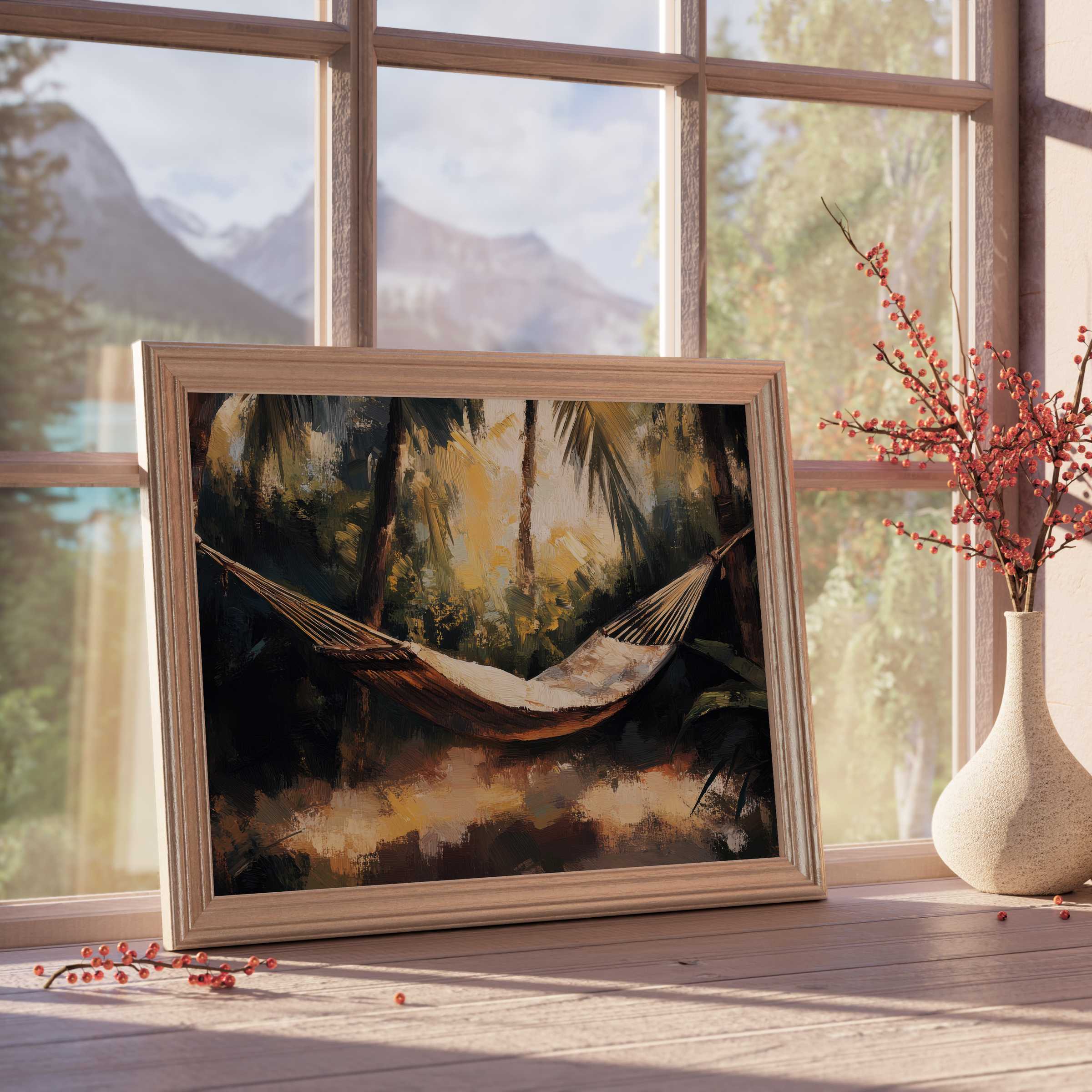 Serene beach downloadable art of a sunlit hammock framed by palm trees, enriching curated interiors with warm, tranquil vibes