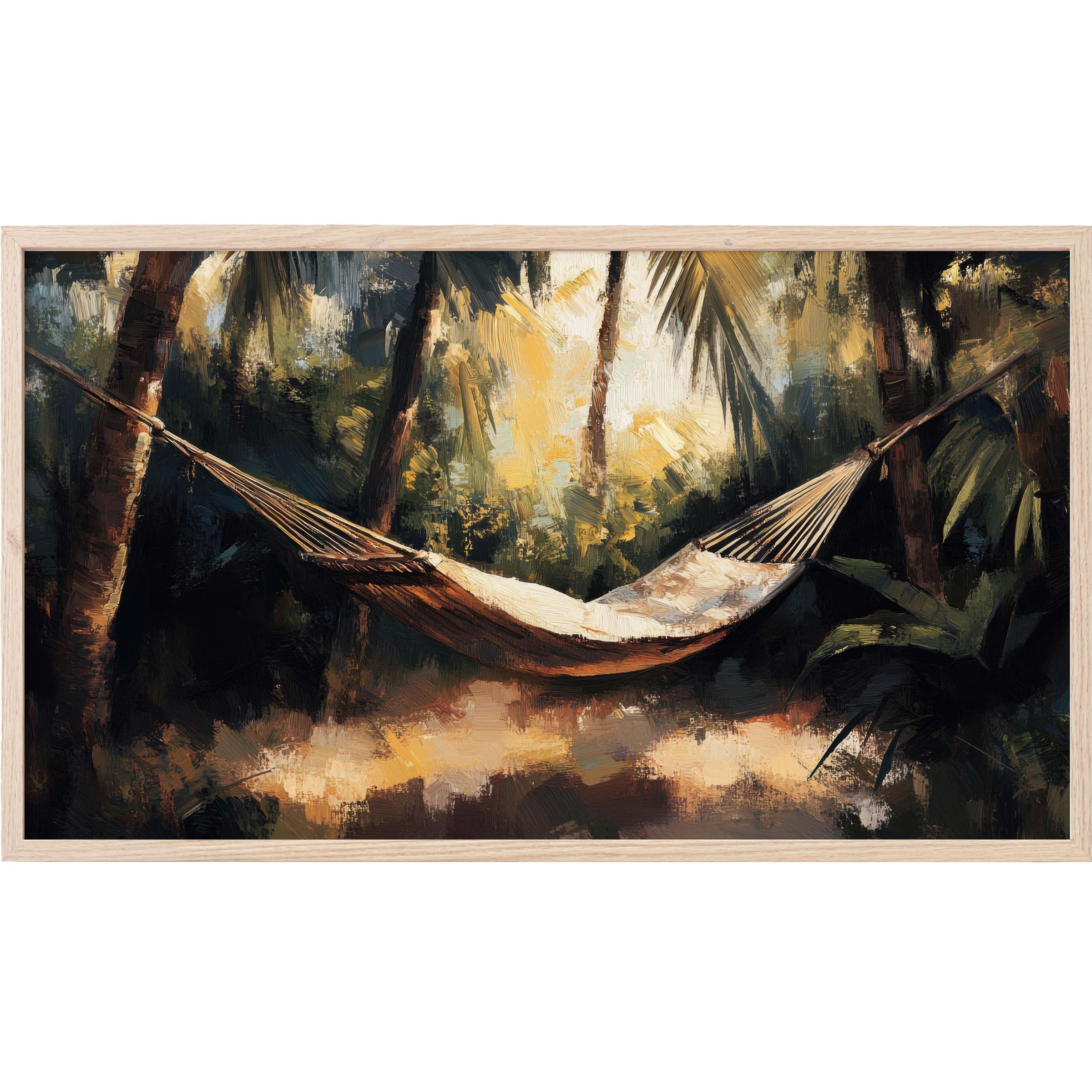 Serene hammock amidst lush greens in warm, muted tones, an inviting beach Frame TV Art for modern interiors
