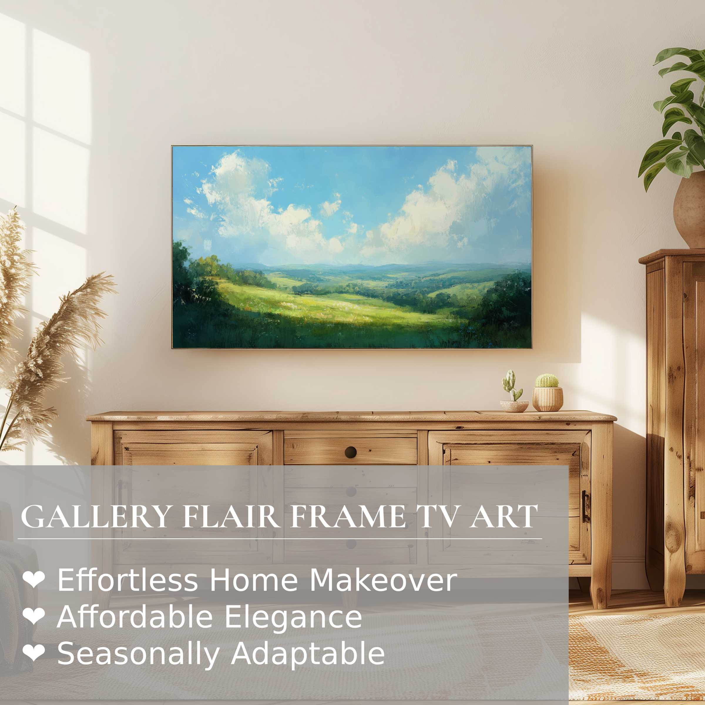 Samsung Frame TV displaying serene landscape digital artwork in a bright, modern living space with natural wood decor