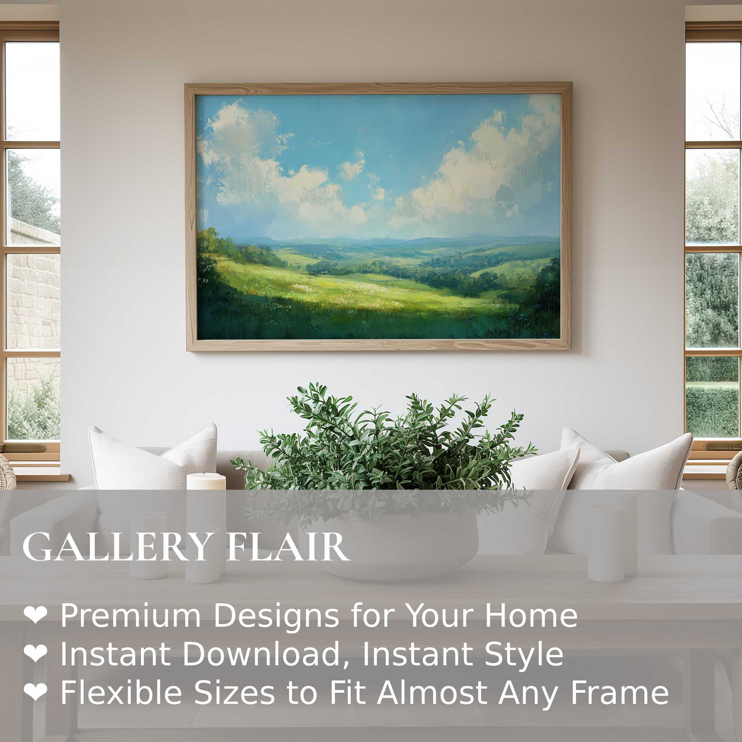 Serene landscape wall art print capturing sunlit rolling hills under soft clouds, elevating modern minimalist interiors with calming nature-inspired elegance