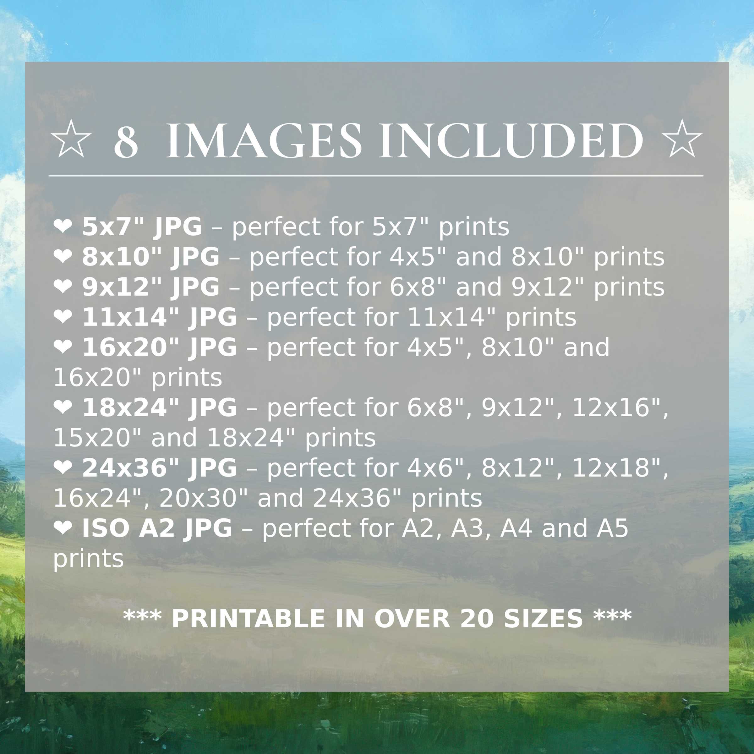 Radiant landscape digital print in serene blues and verdant greens, included in 8 high-quality sizes to elevate modern interiors with timeless elegance and versatile style