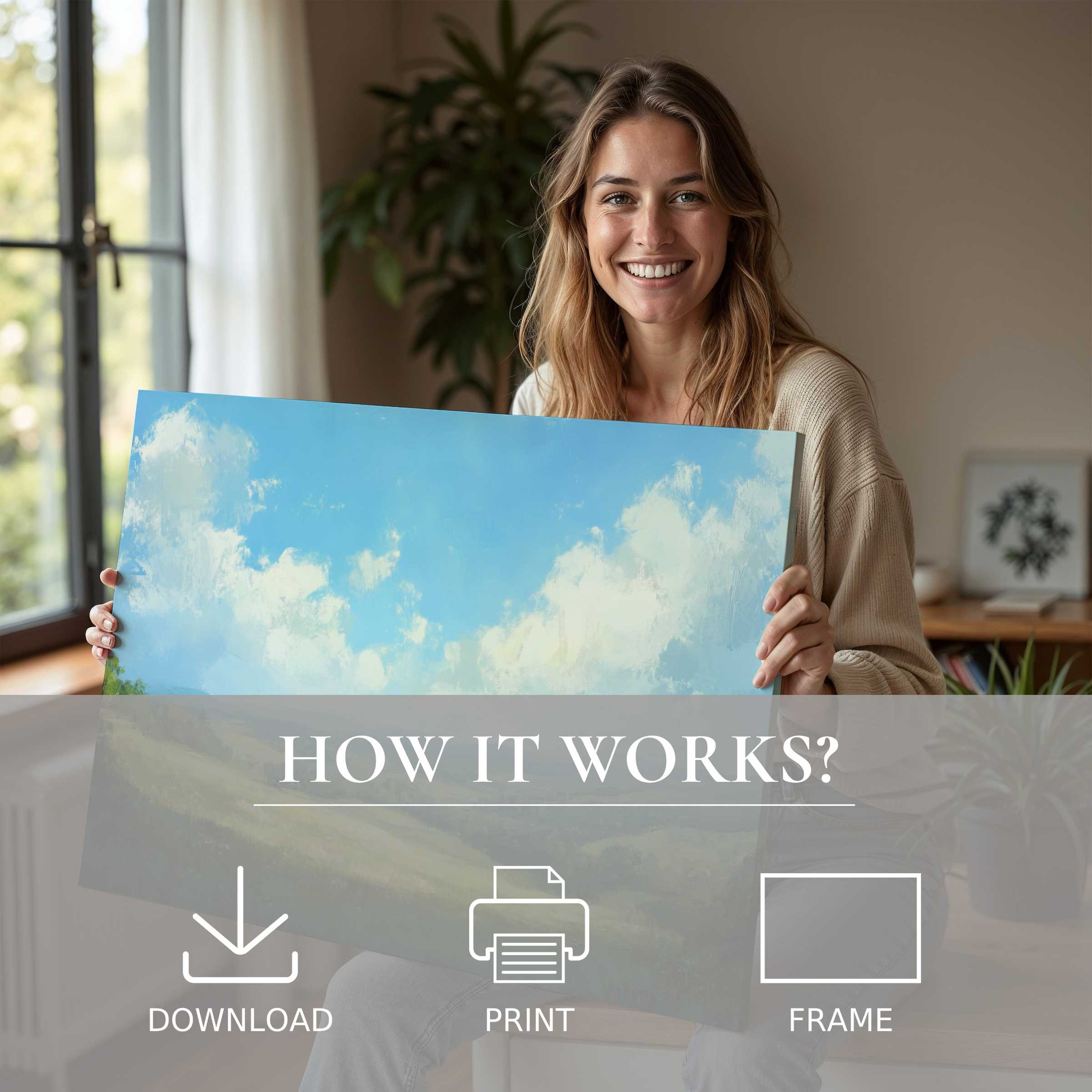 A joyful moment in a modern home, embracing the calming beauty of a landscape digital art print, inspiring effortless elegance