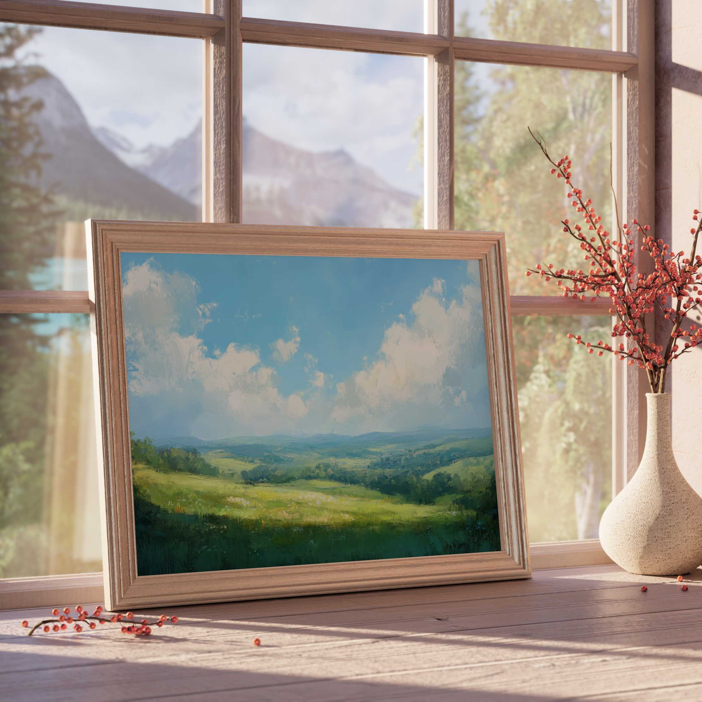 Tranquil landscape downloadable art capturing lush green fields under soft clouds, enhancing serene, curated premium interiors