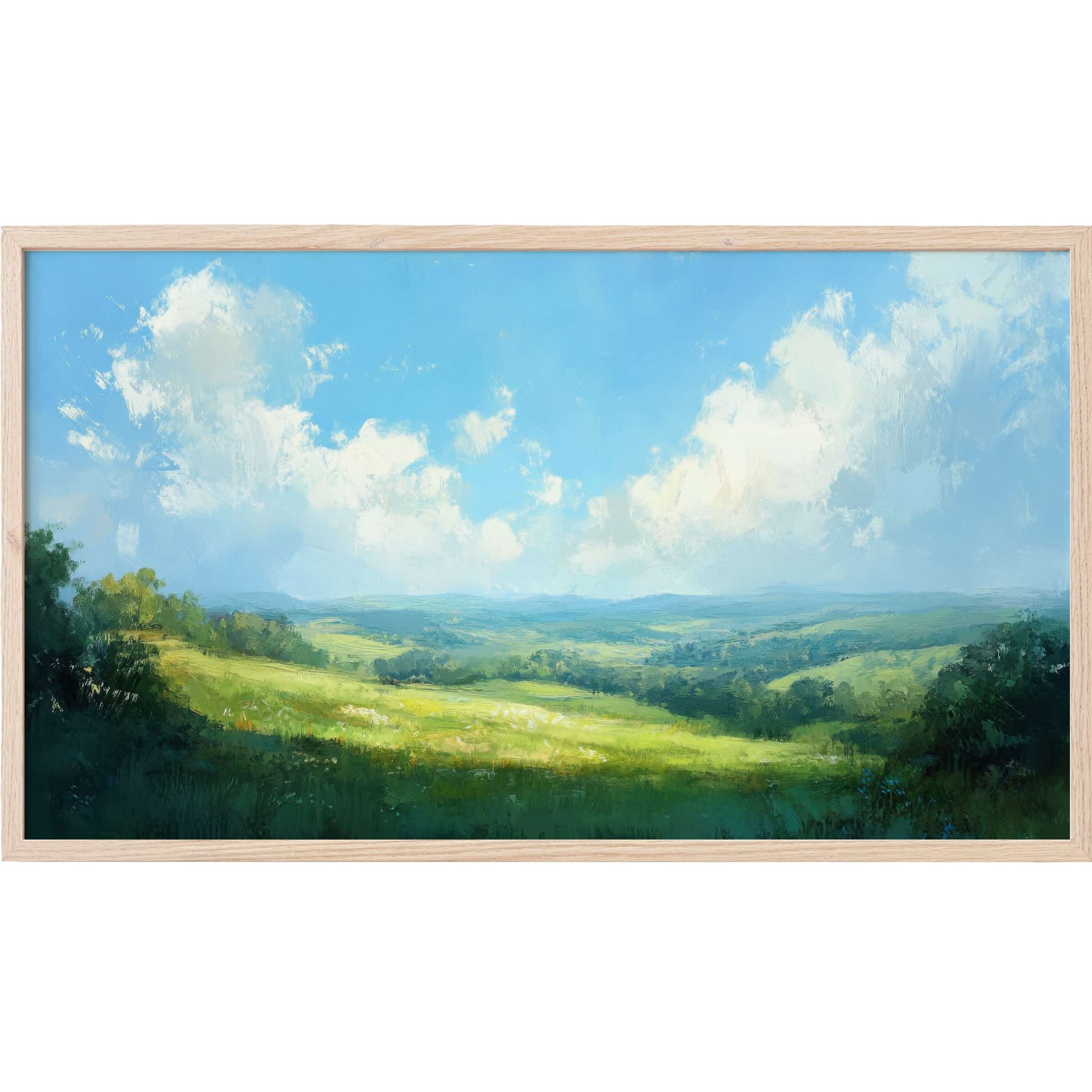 Serene countryside scene with lush greens and vibrant blues, styled as a landscape Frame TV Art masterpiece