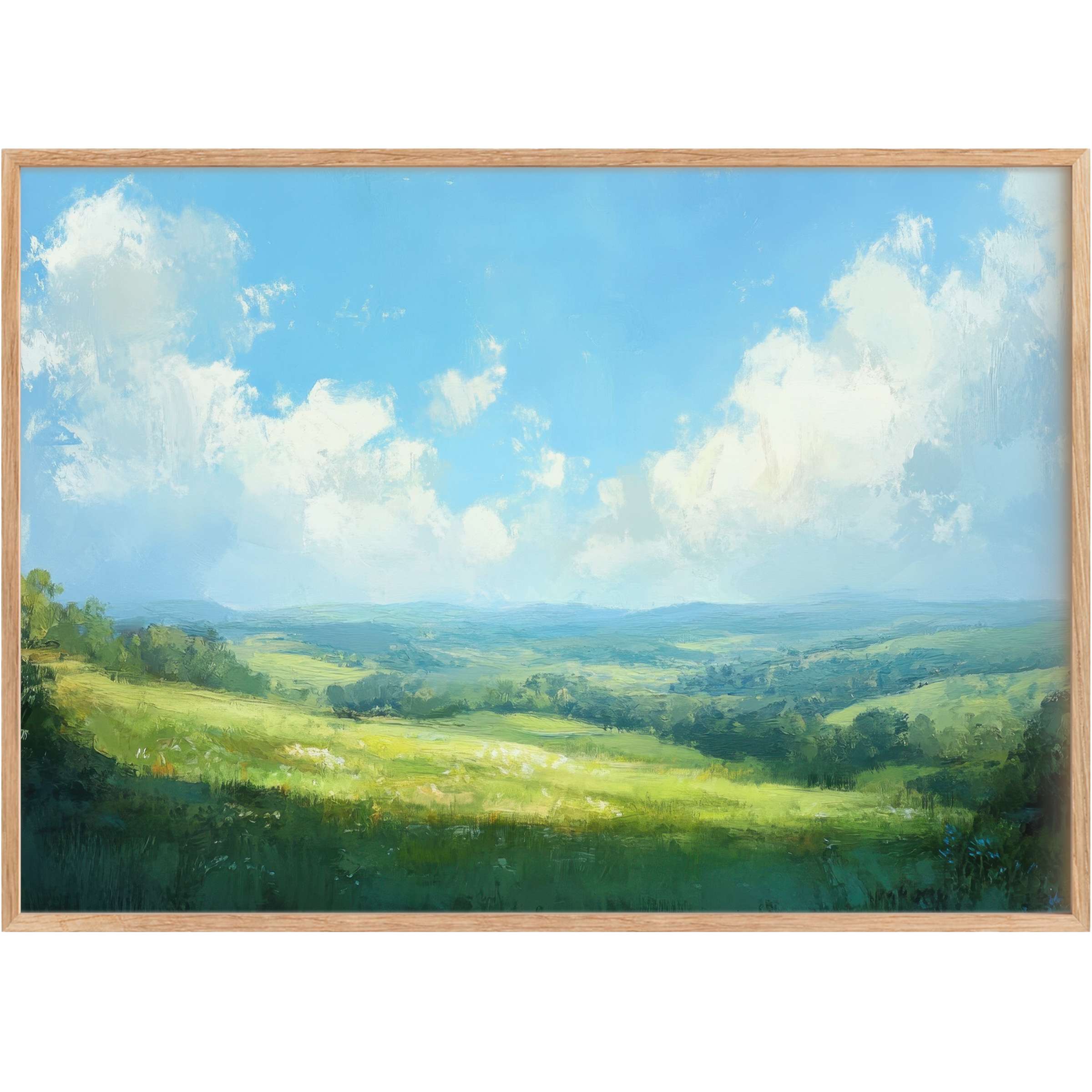 Serene landscape printable wall art capturing sunlit rolling hills beneath soft, billowing clouds in calming blue and lush green hues