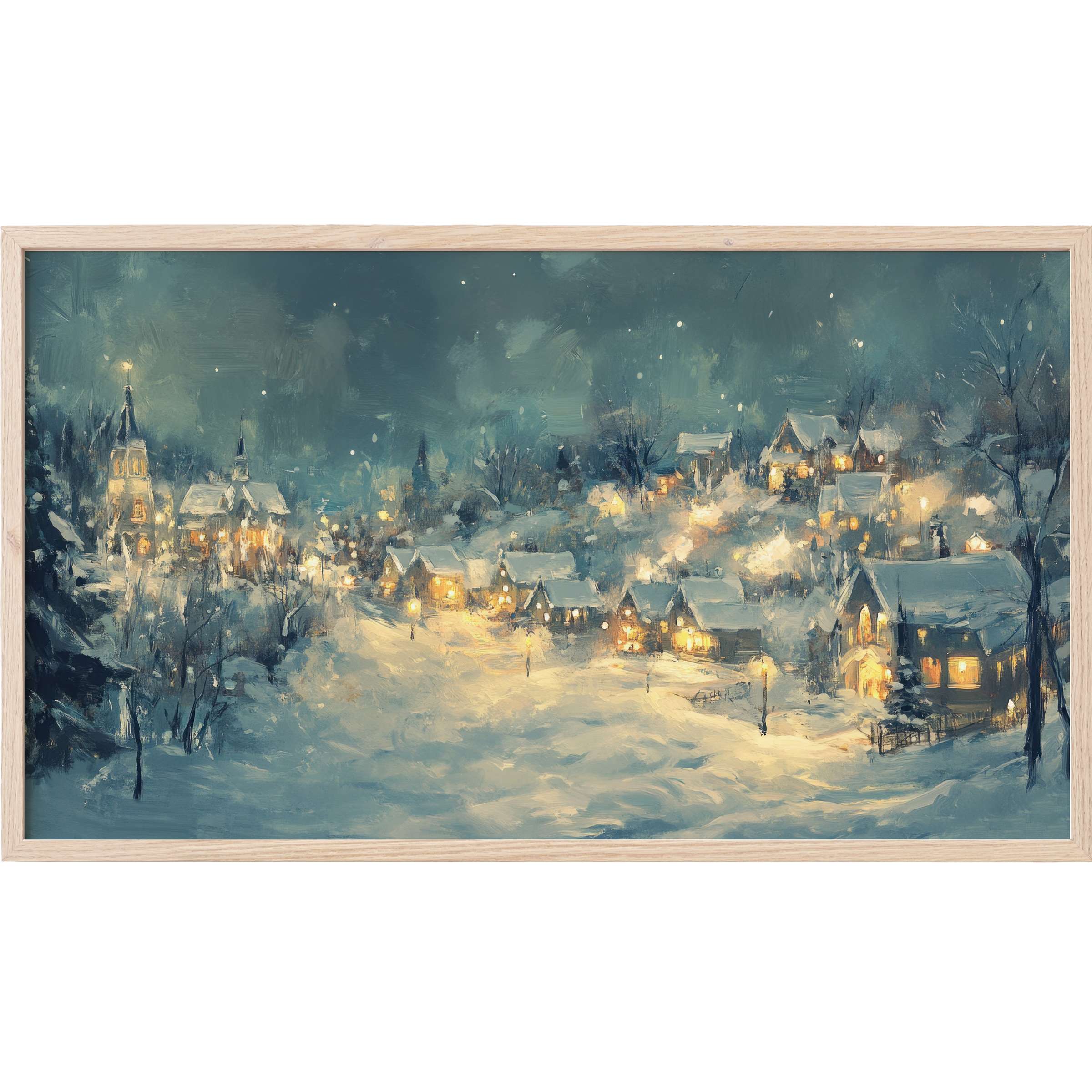 Elegant winter village scene in muted blues and warm lights, capturing serene charm in christmas Frame TV Art style