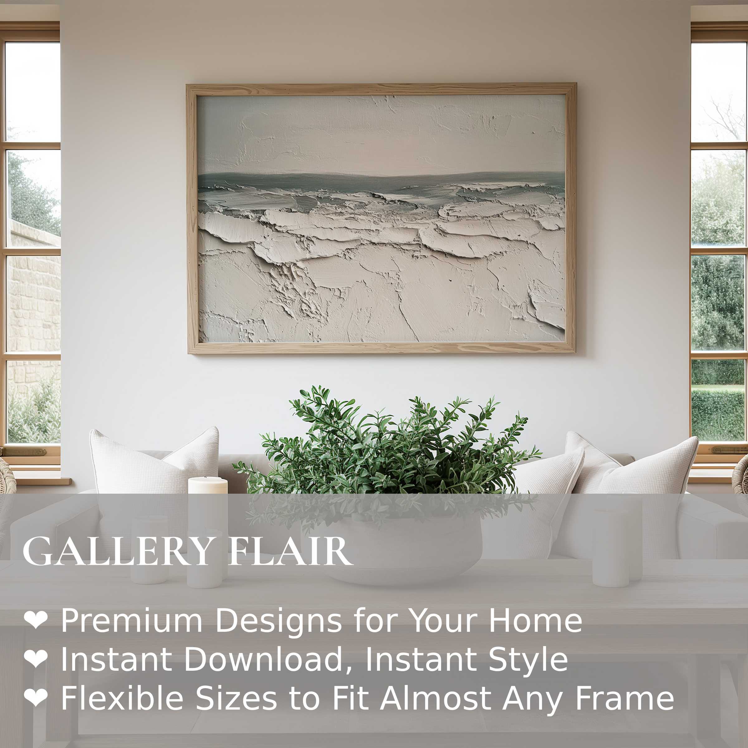 Serene summer wall art print with textured neutral tones enhancing a minimalist, modern living space with calming coastal elegance