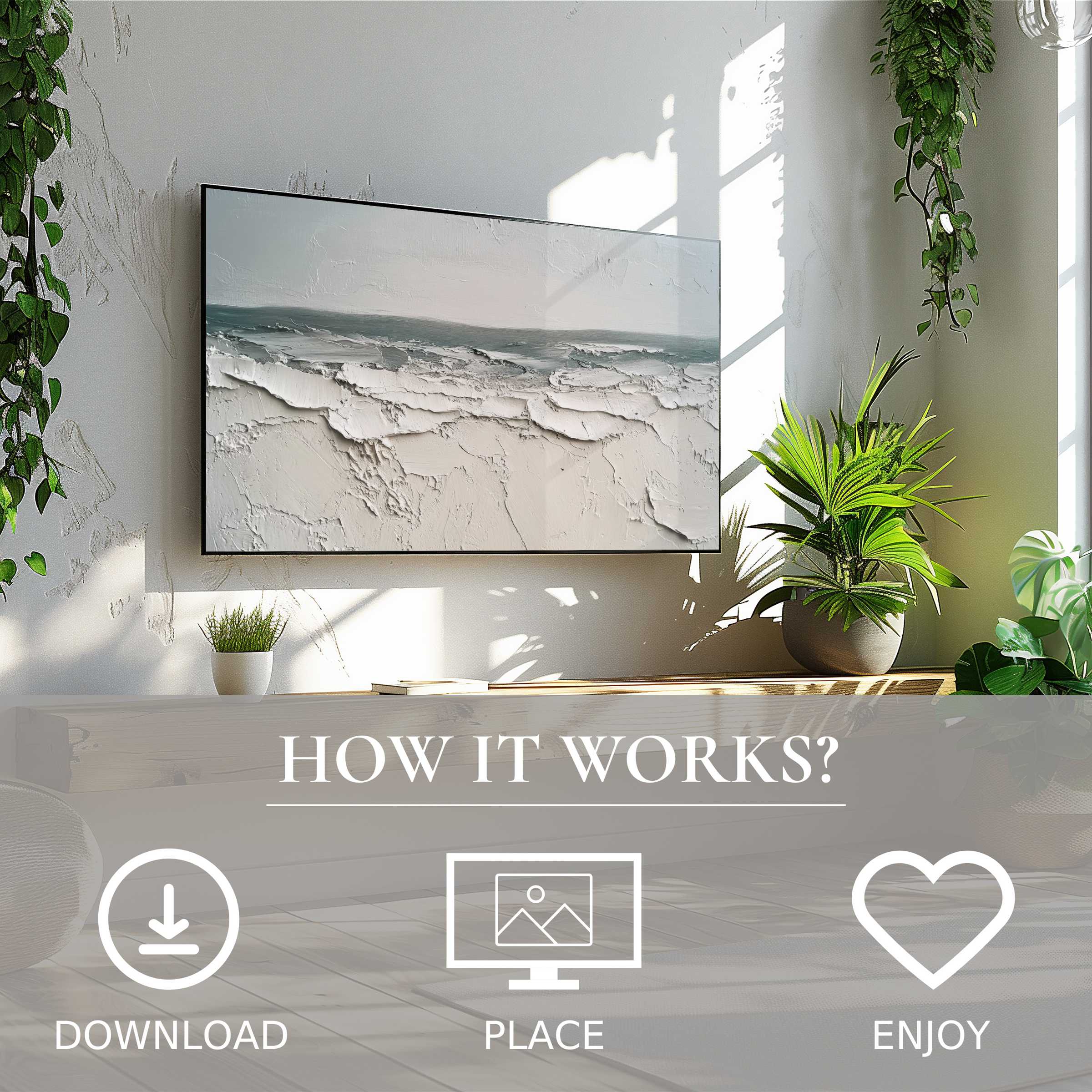 Summer art for Samsung TV featuring textured ocean waves in muted tones, easy digital download enriches any modern space