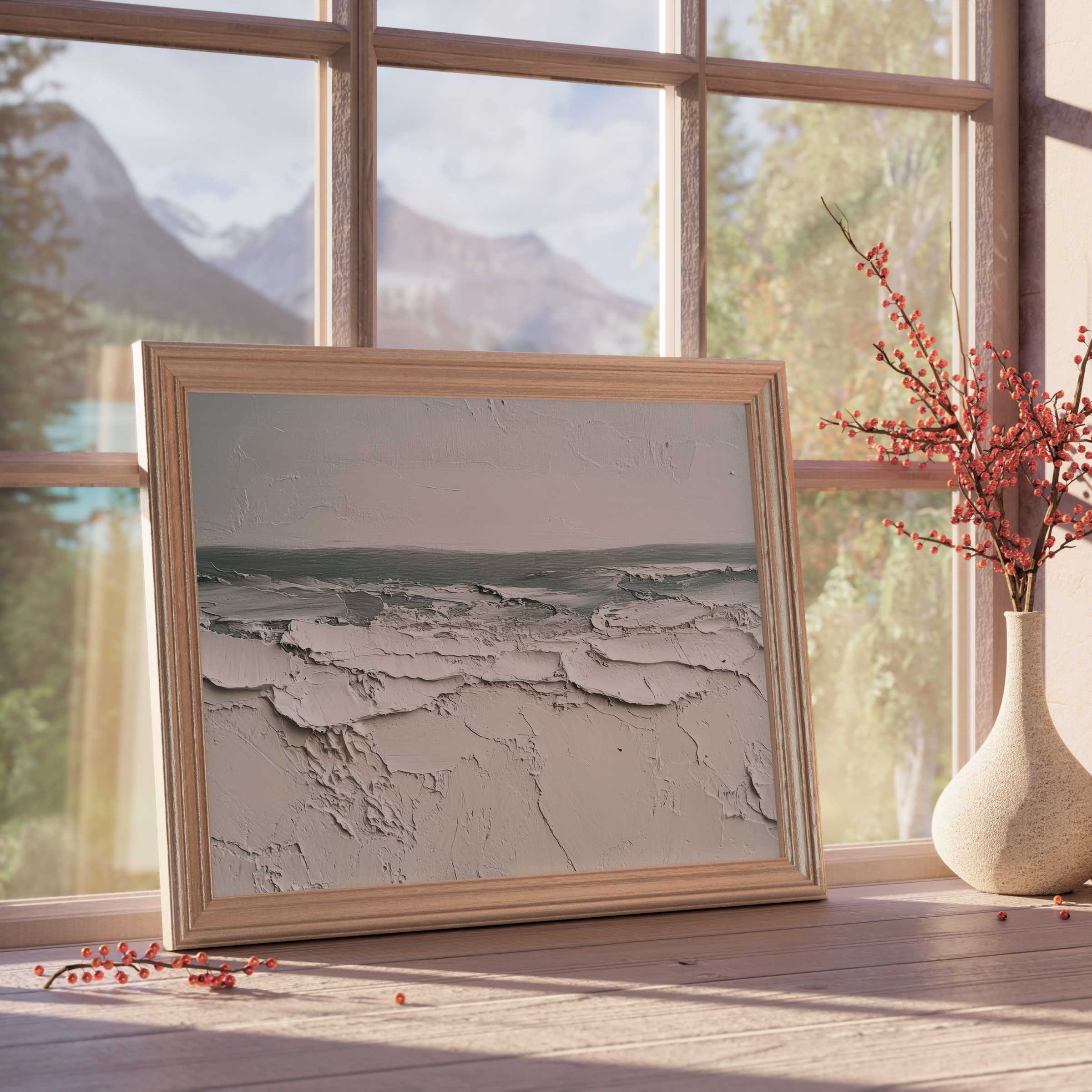 Summer downloadable art with textured coastal waves in serene taupes, perfect for elevating tranquil, curated interiors