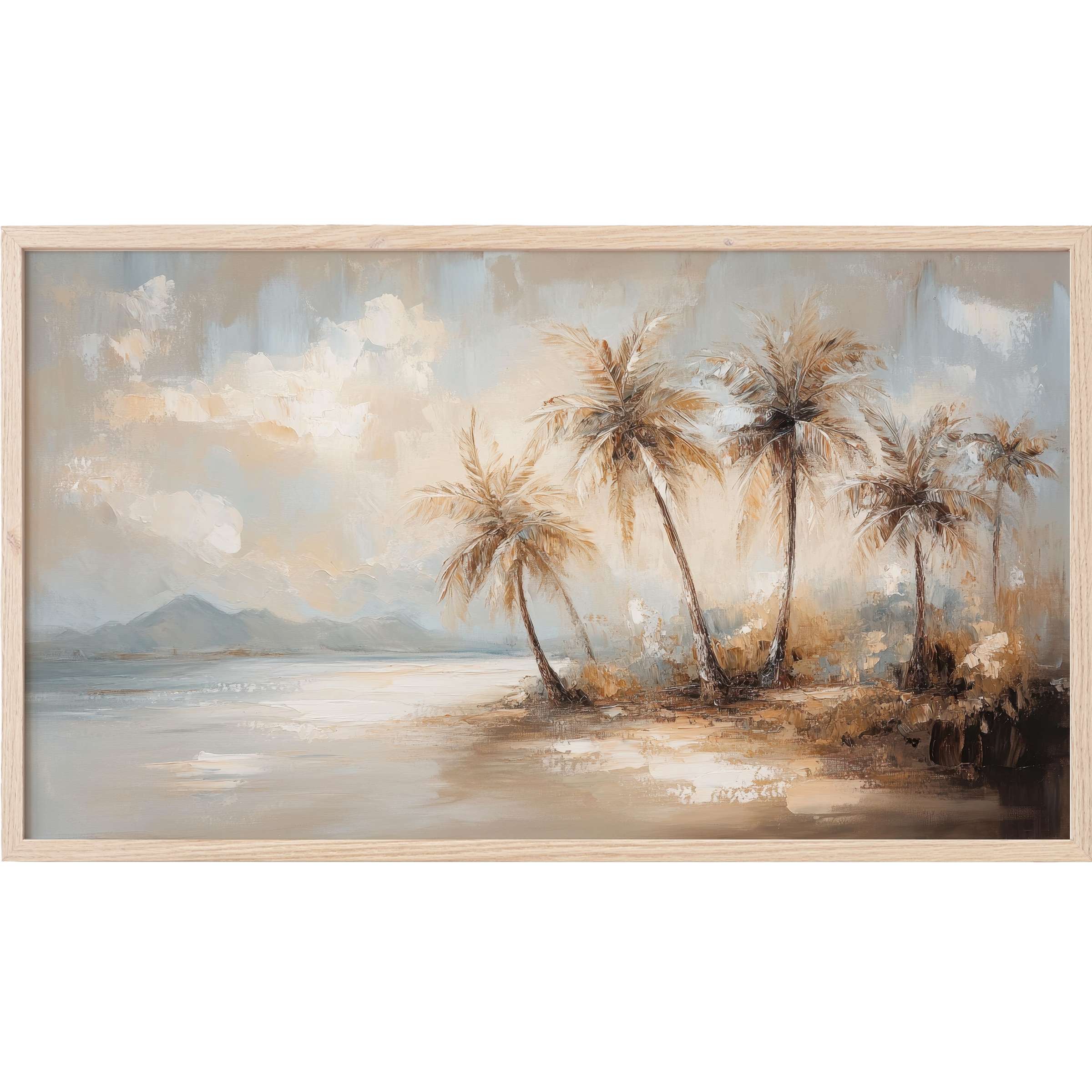 Serene beach scene with palm trees in soft beige and blue tones, textured brushstrokes for vintage Frame TV Art