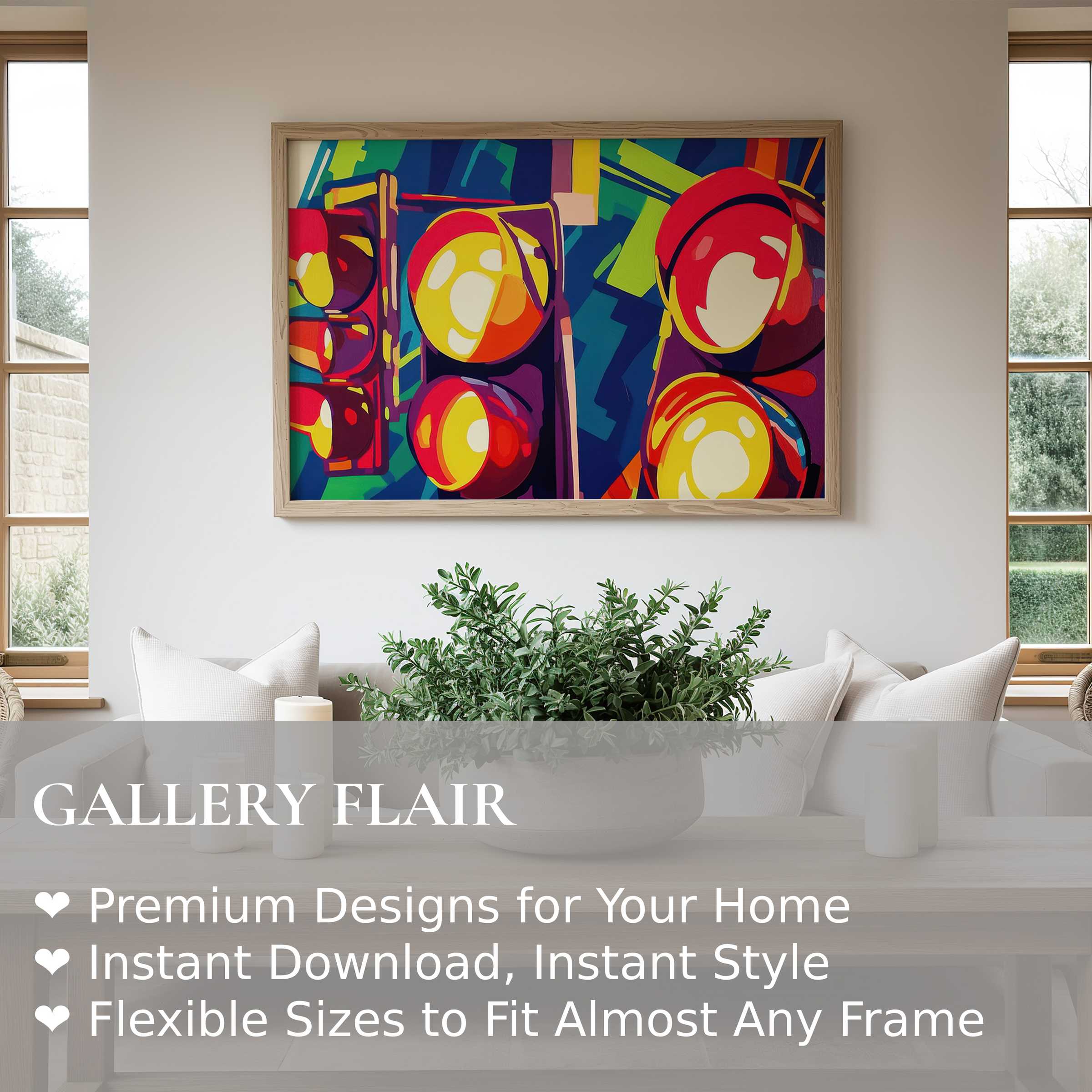 Vibrant pop art wall art print featuring bold traffic lights in radiant hues, elevating a modern, minimalist living space with dynamic energy