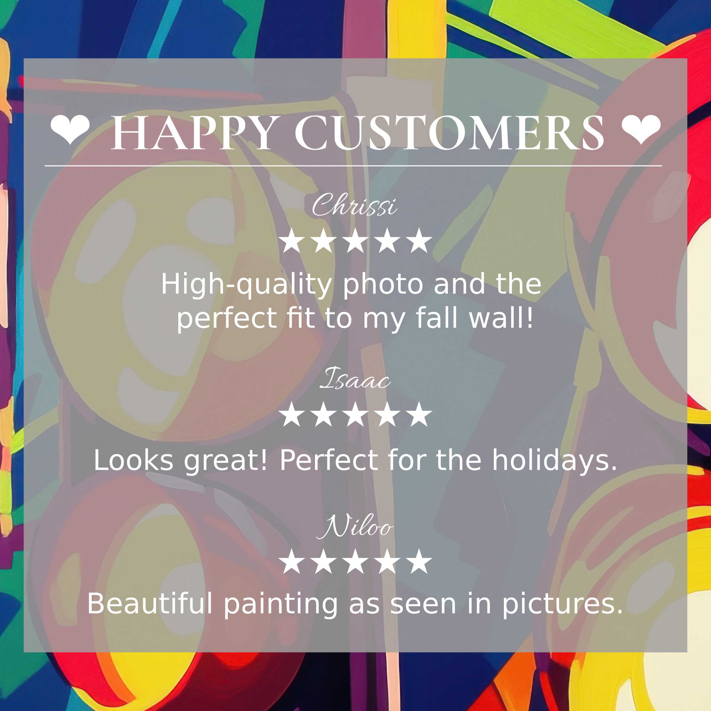 Pop art for Frame TV with abstract sunset hues, showcasing happy customer reviews and elegant, trust-building design
