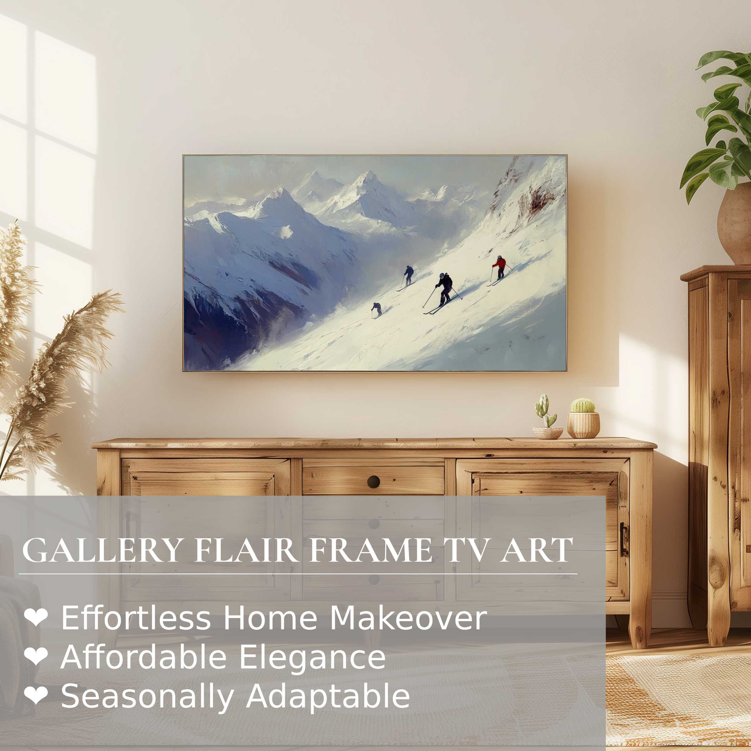 Samsung Frame TV displaying refined winter digital artwork of skiers on snowy mountain slopes in a modern living space