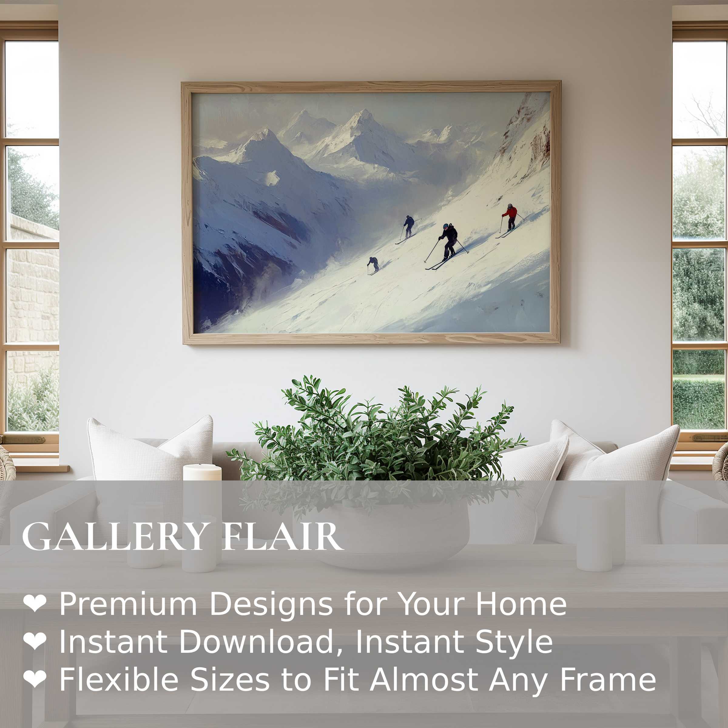 Winter wall art print featuring skiers gliding down snow-clad mountains, evoking serene alpine adventure in a modern, minimalist living space