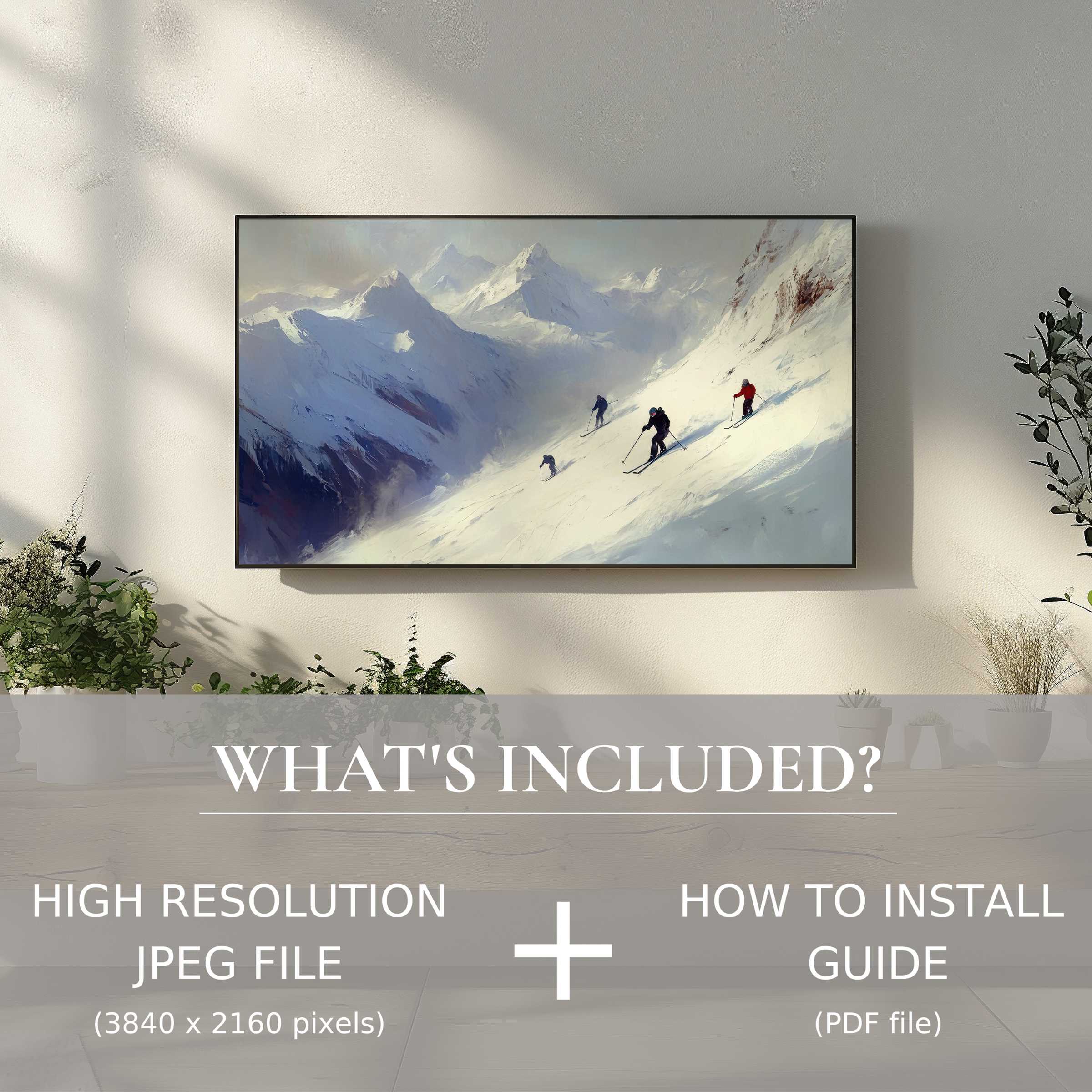 Elegant winter digital TV art download with skiers enhances your space; easy digital use included for style-conscious decor