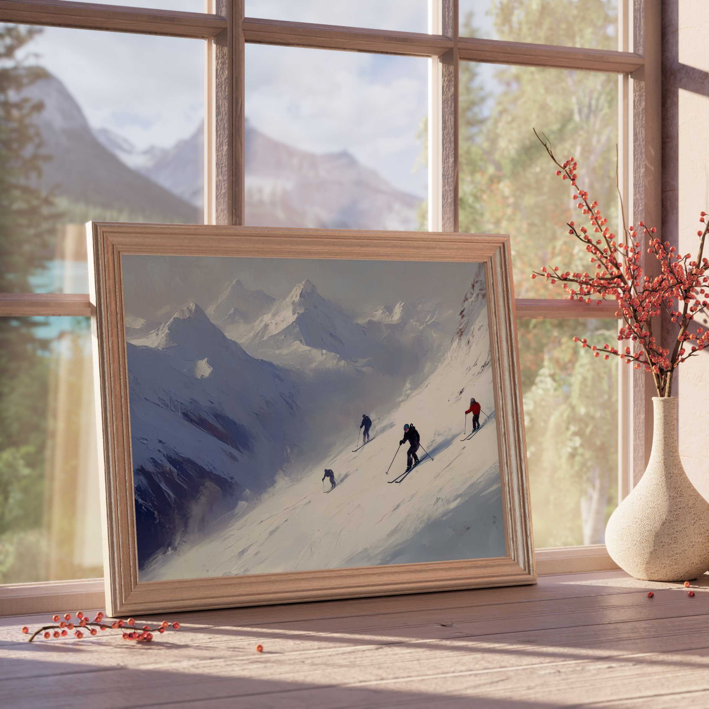 Winter downloadable art capturing serene alpine skiing in misty peaks, elevating curated, tranquil, and sophisticated interiors