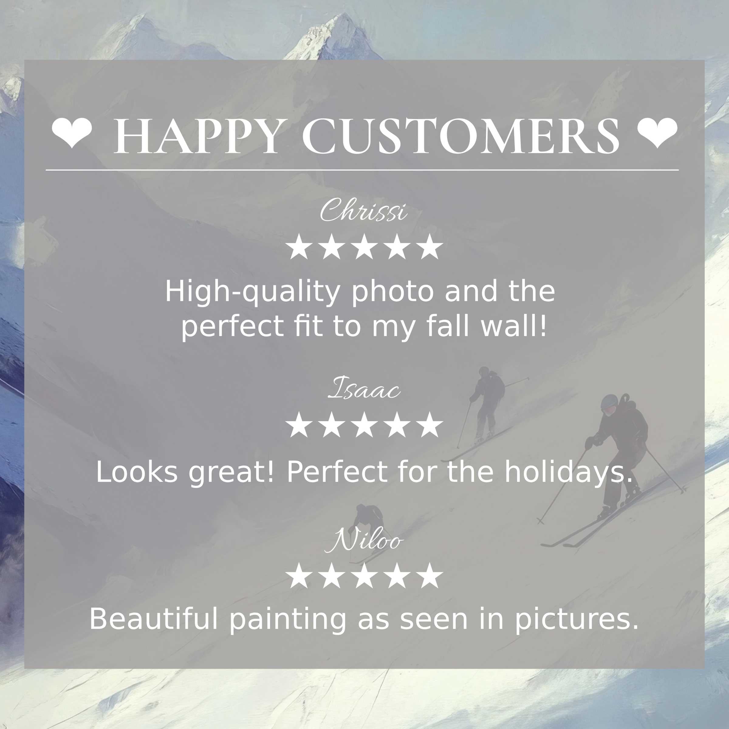 Winter art for Frame TV with serene mountain ski scene, showcasing happy customer reviews and elegant design trust