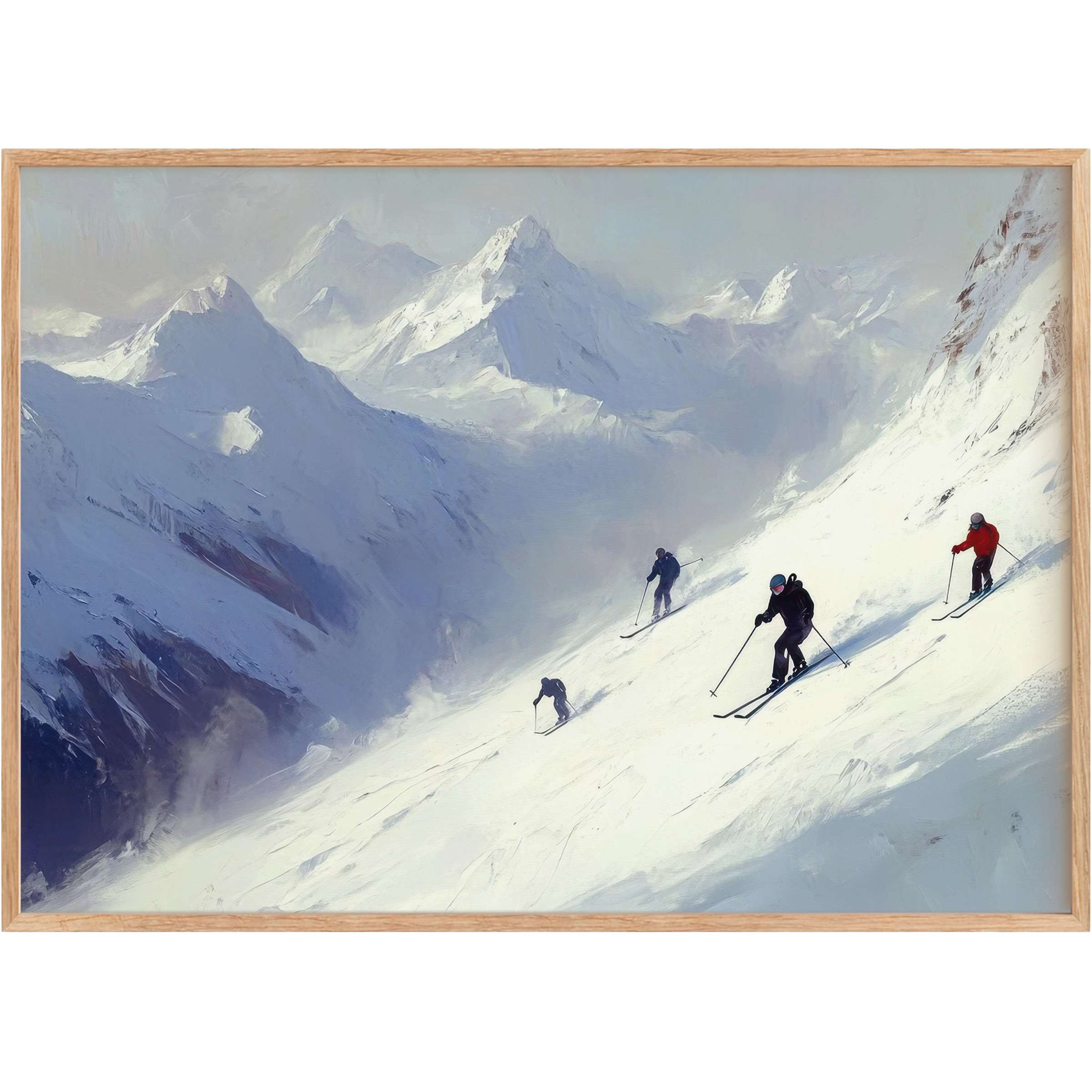 Winter printable wall art capturing graceful skiers descending serene, frost-kissed mountains in soft blues and crisp whites, evoking calm adventure